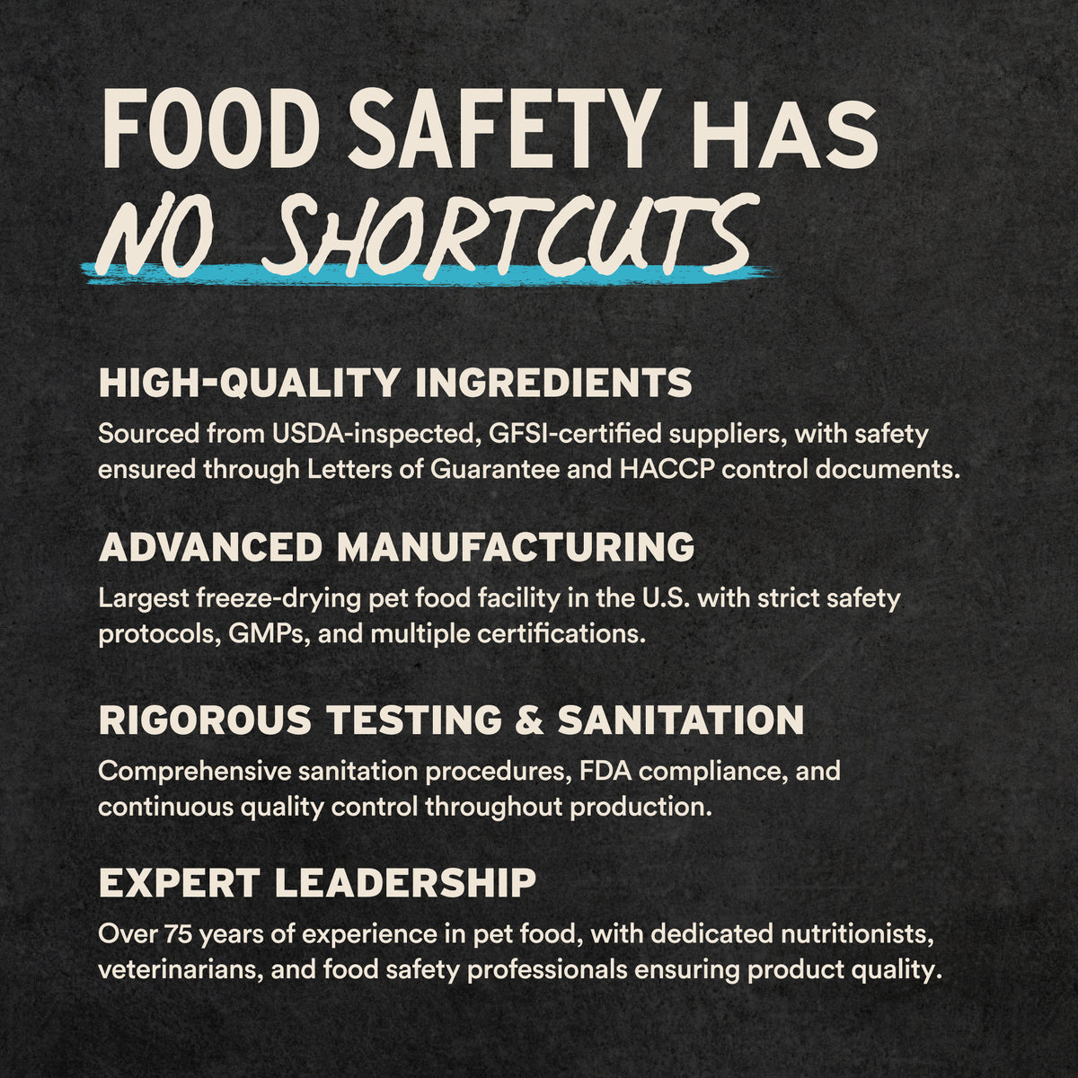 Food safety has no shortcuts infographic highlighting high-quality ingredients, manufacturing, testing, and expert leadership