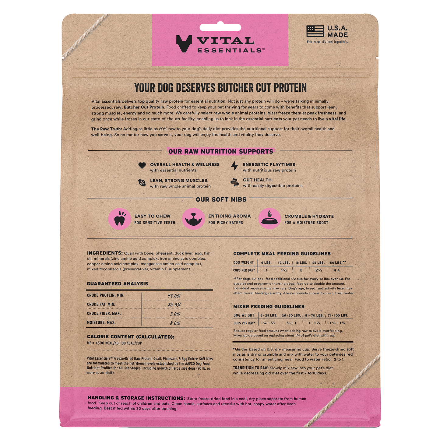 Back of Vital Essentials Quail, Pheasant, and Egg Entree bag with nutrition info, ingredients, and feeding guidelines