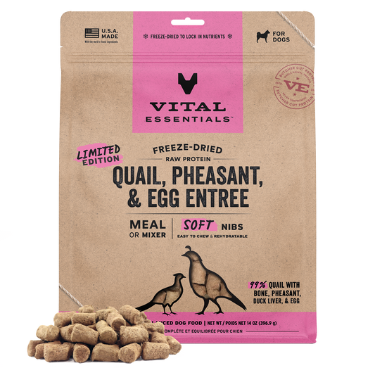 Limited Edition Freeze-Dried Quail, Pheasant, and Egg Entree soft nibs dog food, 14 oz bag with kibble pile