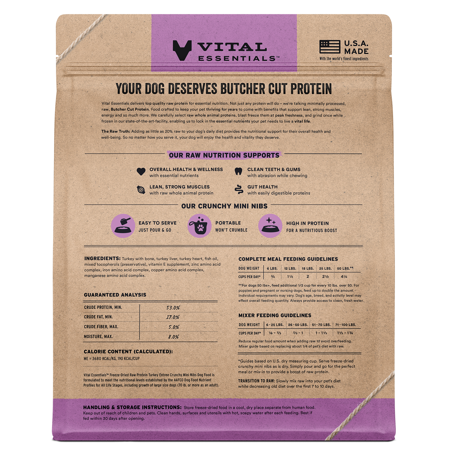 Back of Vital Essentials Turkey Entree crunchy mini nibs bag with nutrition info, ingredients, and feeding guidelines