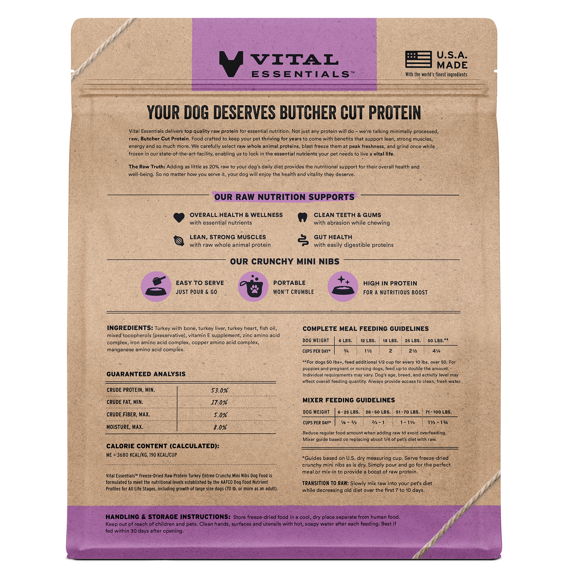 Back of Vital Essentials Turkey Entree crunchy mini nibs bag with nutrition info, ingredients, and feeding guidelines