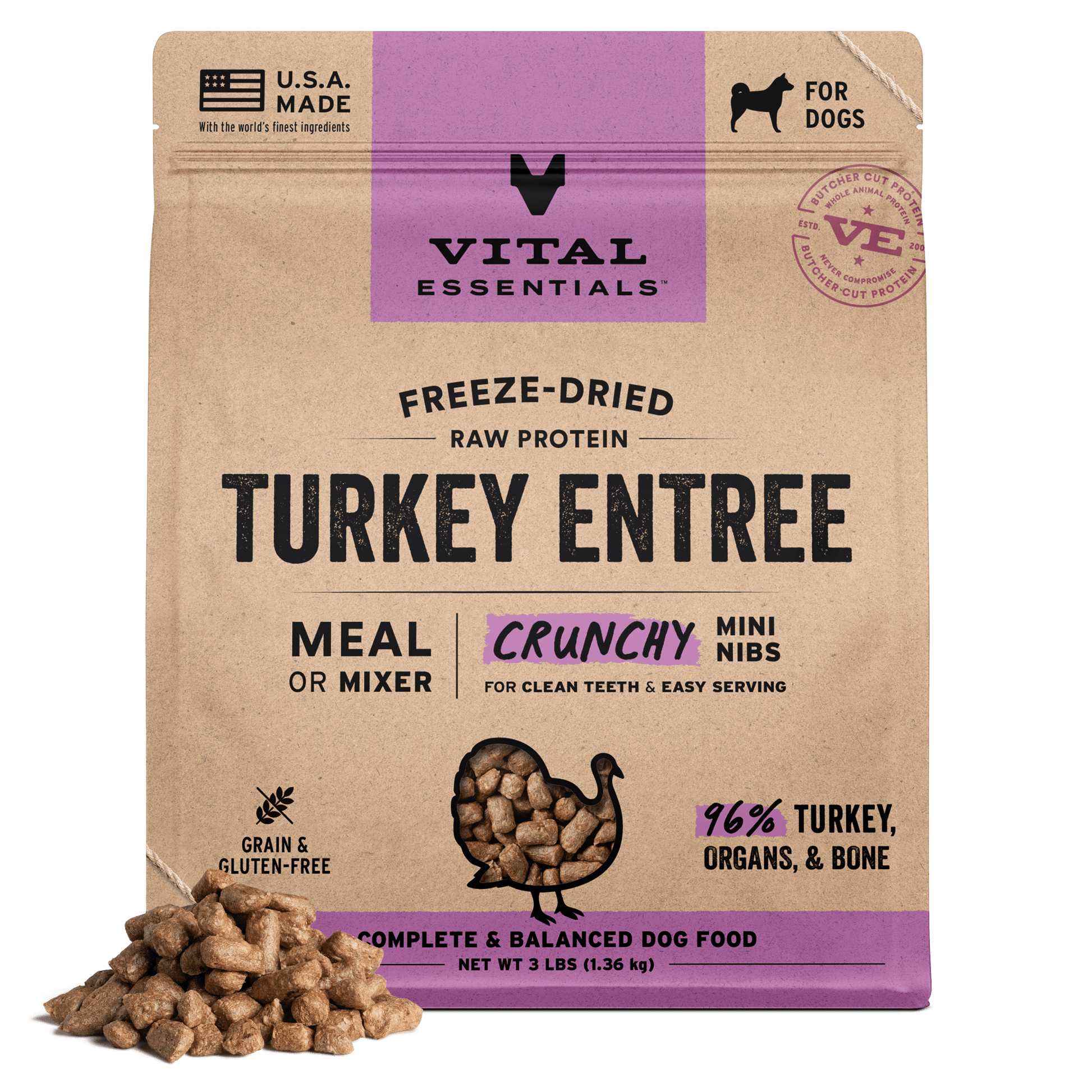 Vital Essentials Freeze-Dried Turkey Entree crunchy mini nibs dog food, 3 lbs bag with kibble pile
