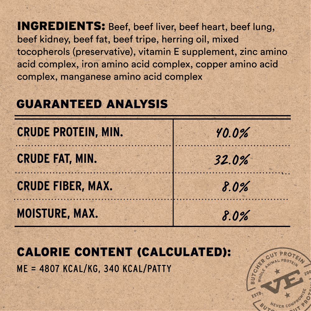 Beef entree freeze-dried patties ingredients and guaranteed analysis