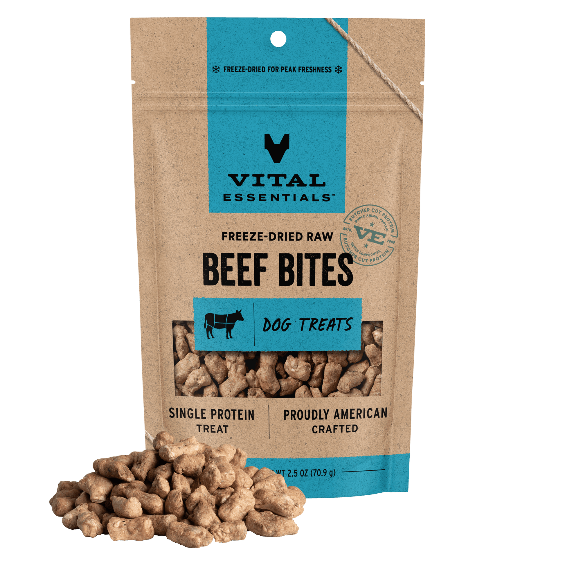 Vital Essentials Freeze-Dried Raw Beef Bites dog treats, single protein, 2.5 oz bag with treat pile