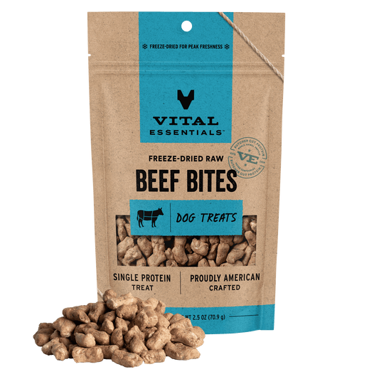Vital Essentials Freeze-Dried Raw Beef Bites dog treats, single protein, 2.5 oz bag with treat pile