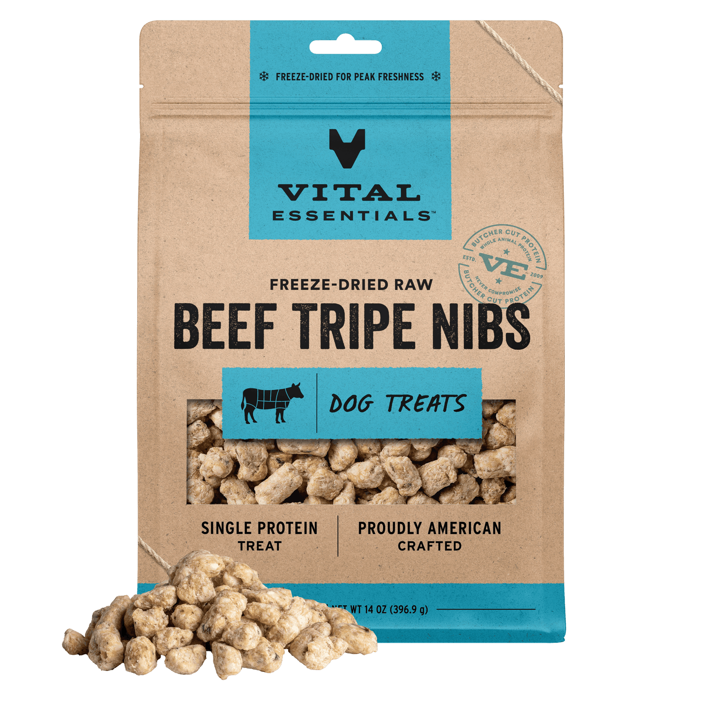 Vital Essentials Freeze-Dried Raw Beef Tripe Nibs dog treats, single protein, 14 oz bag with treat pile