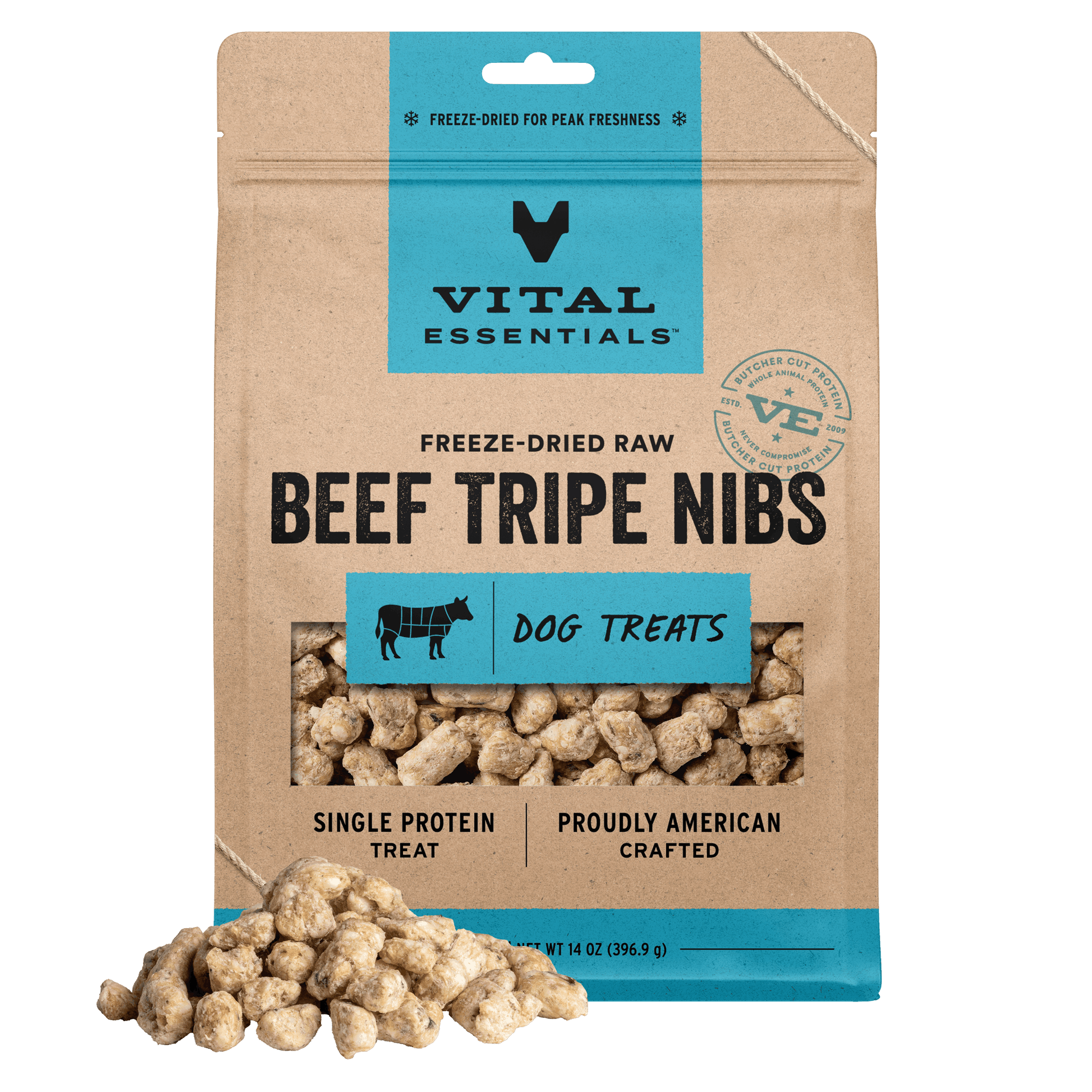 Vital Essentials Freeze-Dried Raw Beef Tripe Nibs dog treats, single protein, 14 oz bag with treat pile