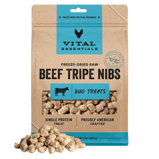 Vital Essentials Freeze-Dried Raw Beef Tripe Nibs dog treats, single protein, 14 oz bag with treat pile