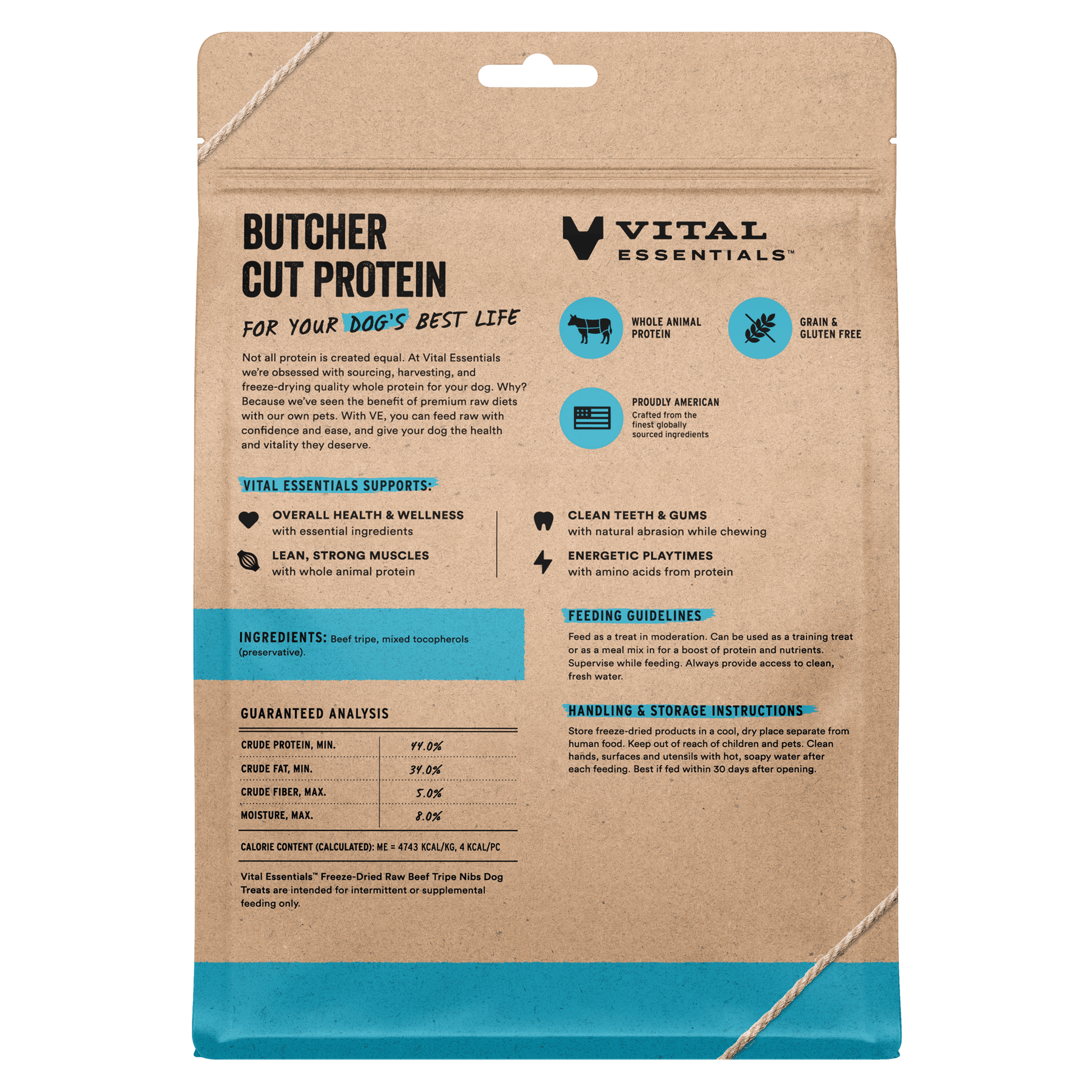 Back of Vital Essentials Beef Tripe Nibs bag with ingredients, guaranteed analysis, and feeding guidelines