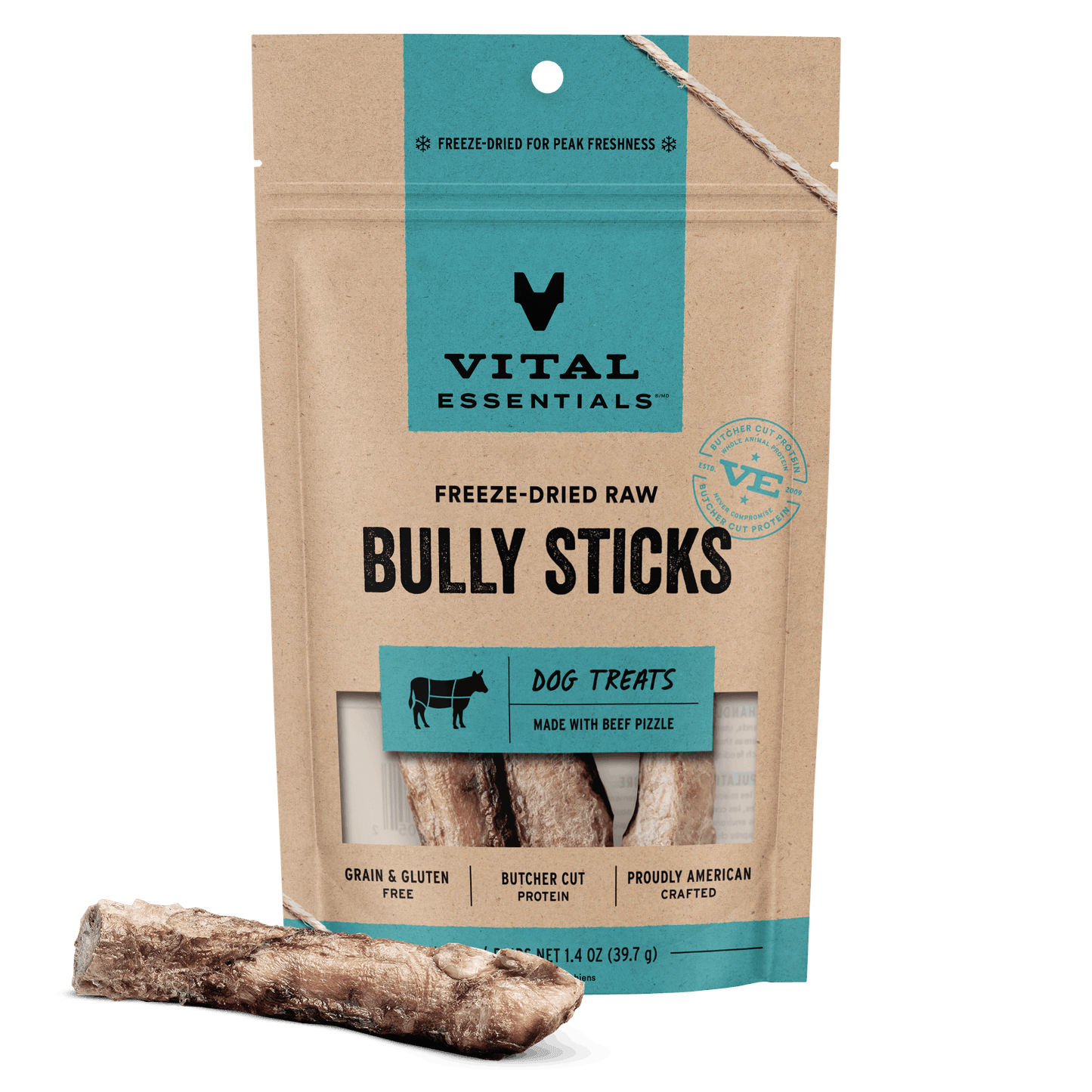 Vital Essentials Freeze-Dried Raw Bully Sticks dog treats 1.4 oz bag front