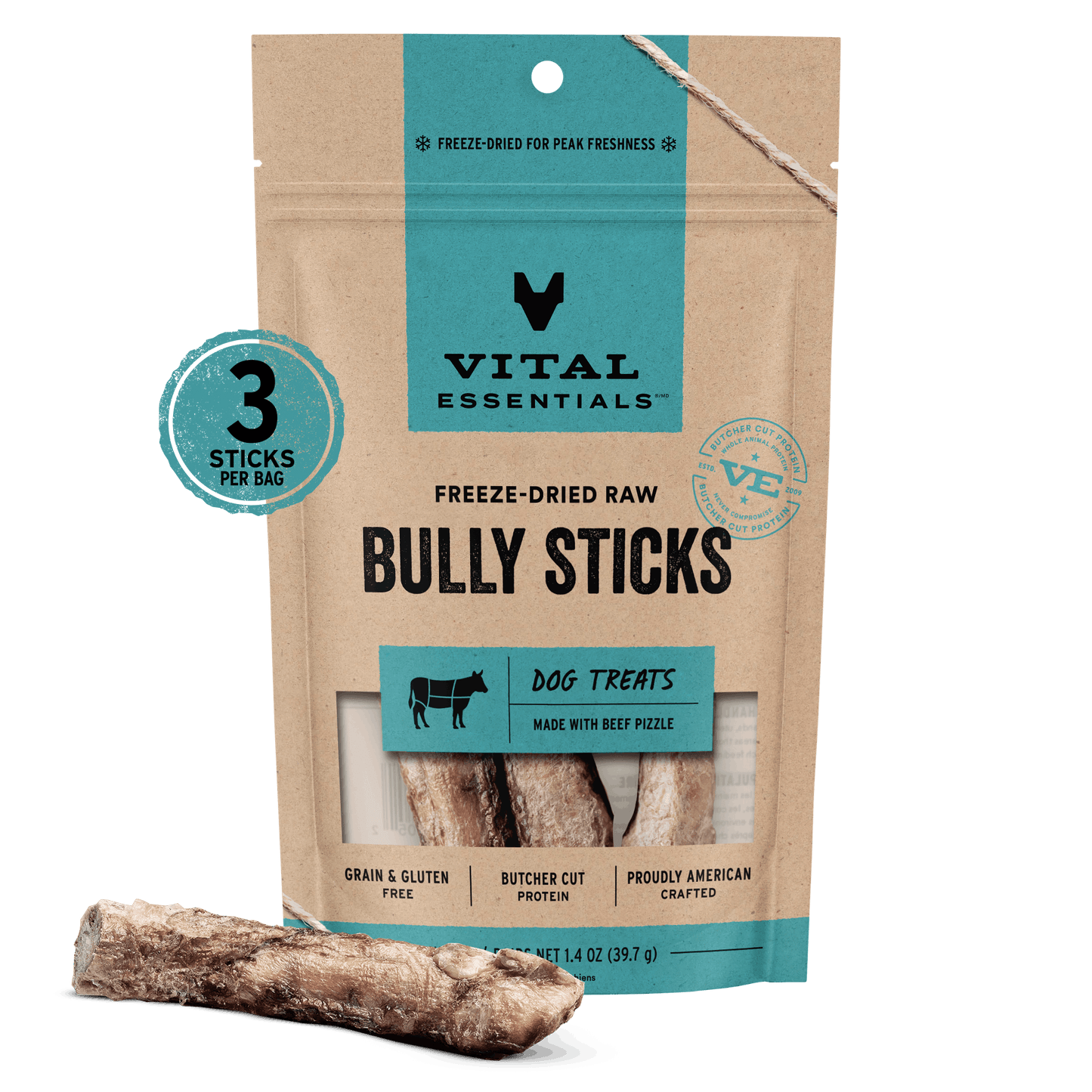Vital Essentials Freeze-Dried Raw Bully Sticks dog treats 1.4 oz bag with 3 sticks