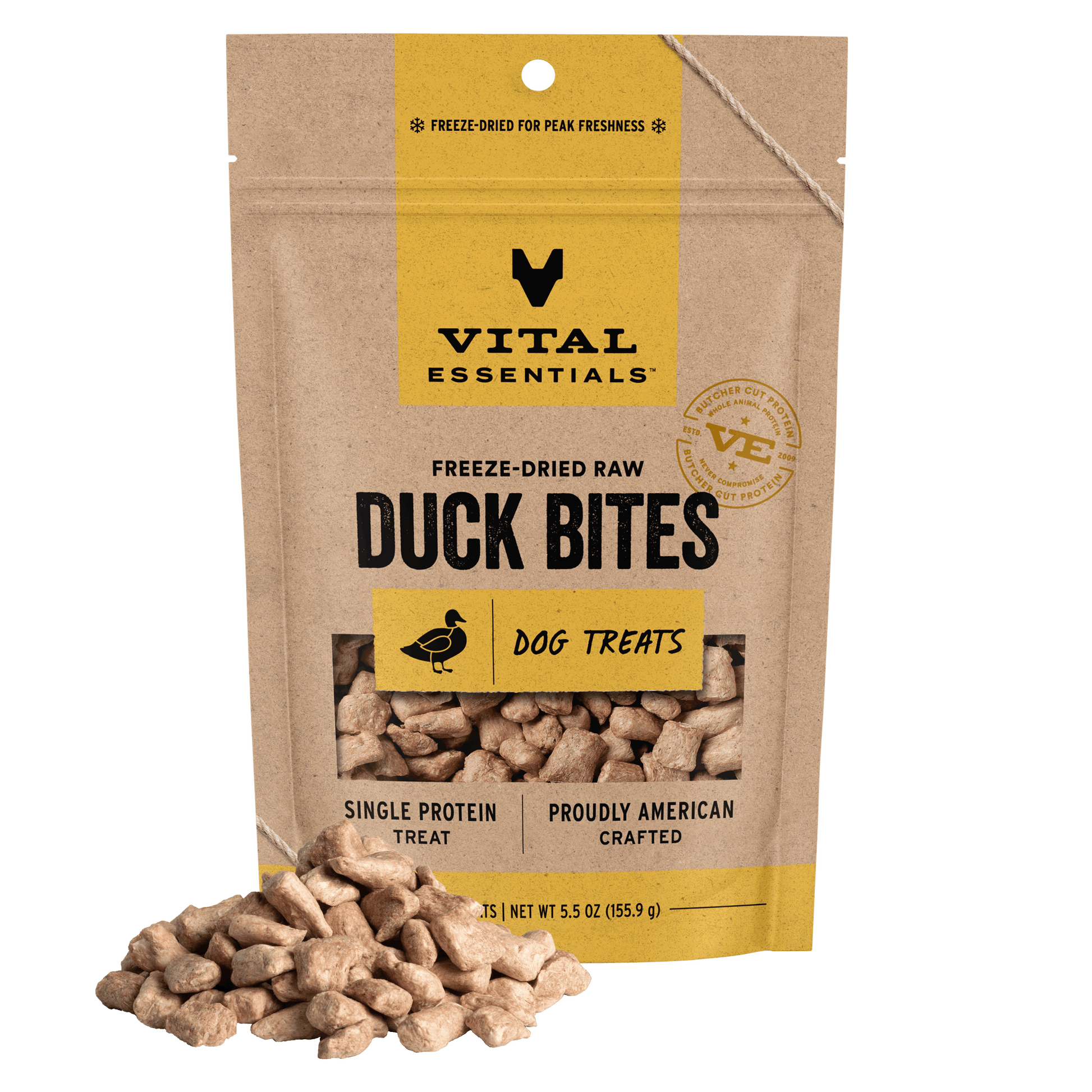 Vital Essentials Freeze-Dried Raw Duck Bites dog treats, single protein, 5.5 oz bag with treat pile