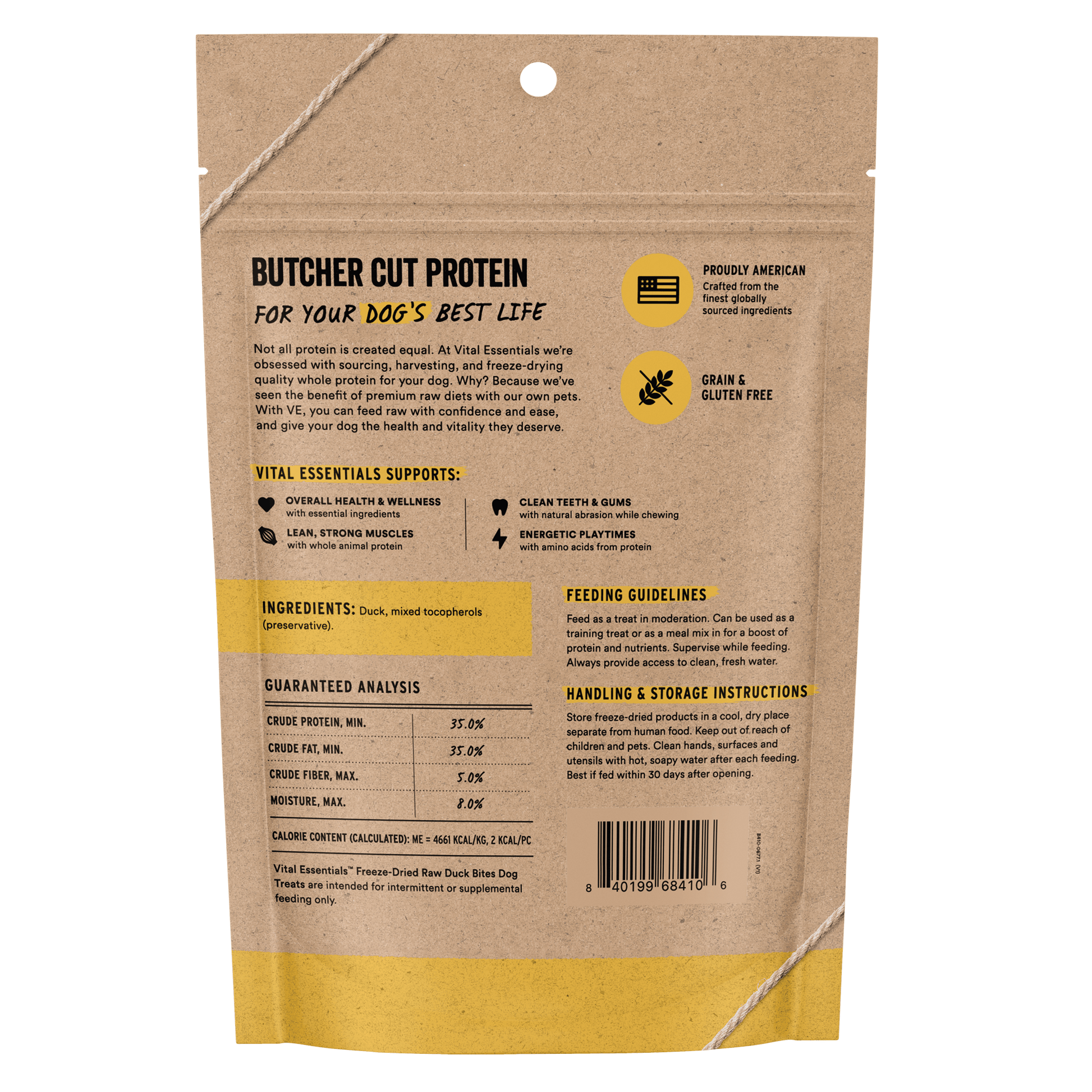 Back of Vital Essentials Duck Bites bag with ingredients, guaranteed analysis, and feeding guidelines