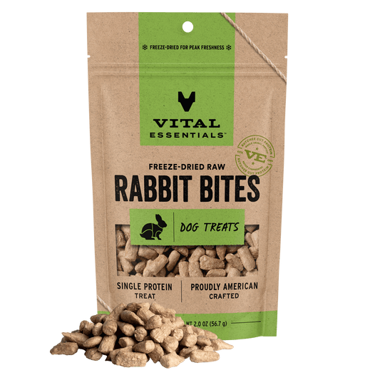 Vital Essentials Freeze-Dried Raw Rabbit Bites dog treats, single protein, 2.0 oz bag with treat pile