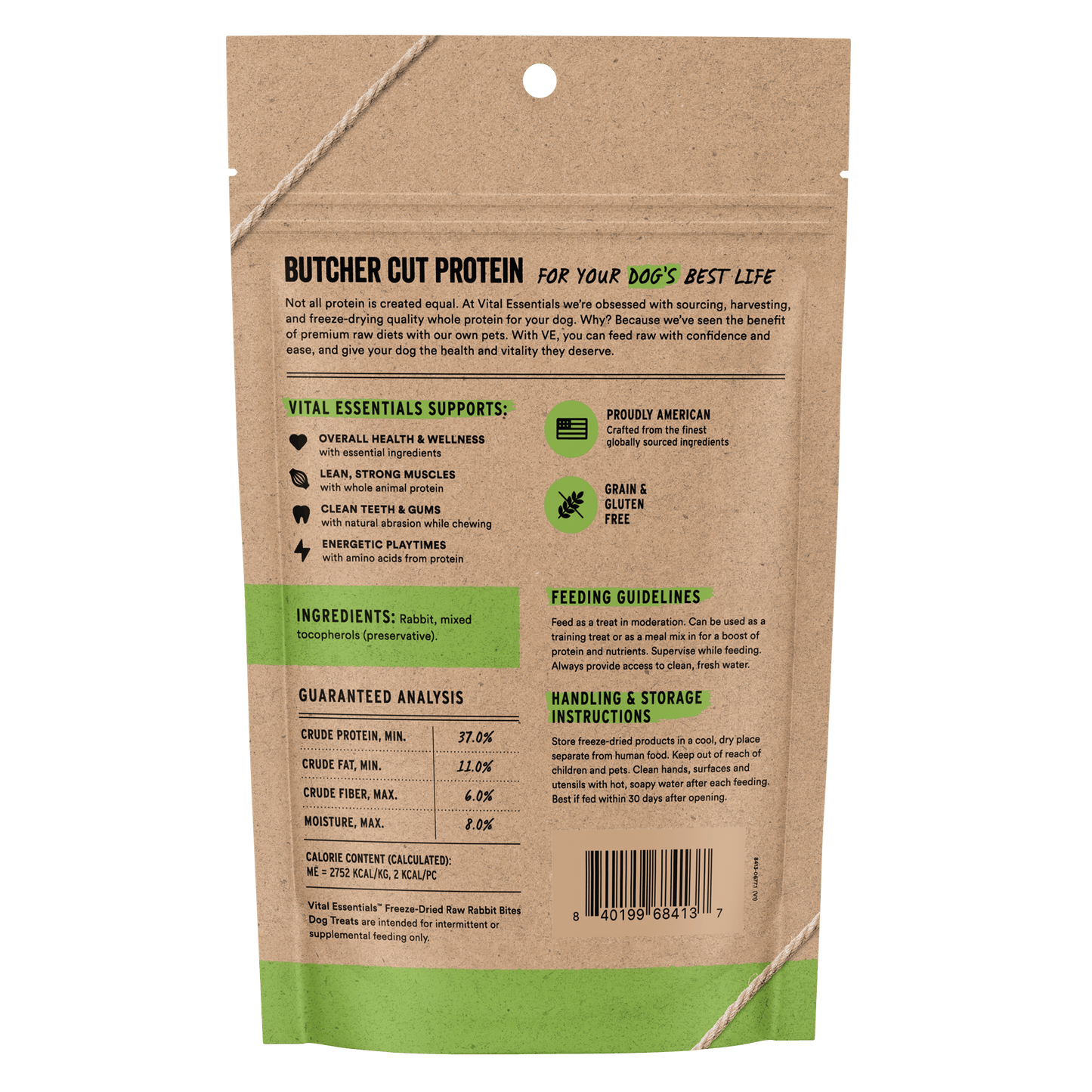 Back of Vital Essentials Rabbit Bites bag with ingredients, guaranteed analysis, and feeding guidelines