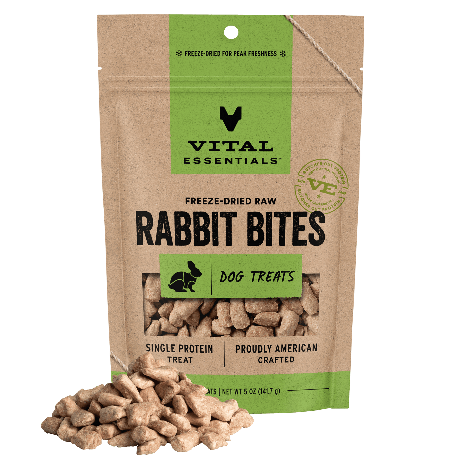 Vital Essentials Freeze-Dried Raw Rabbit Bites dog treats, single protein, 5 oz bag with treat pile