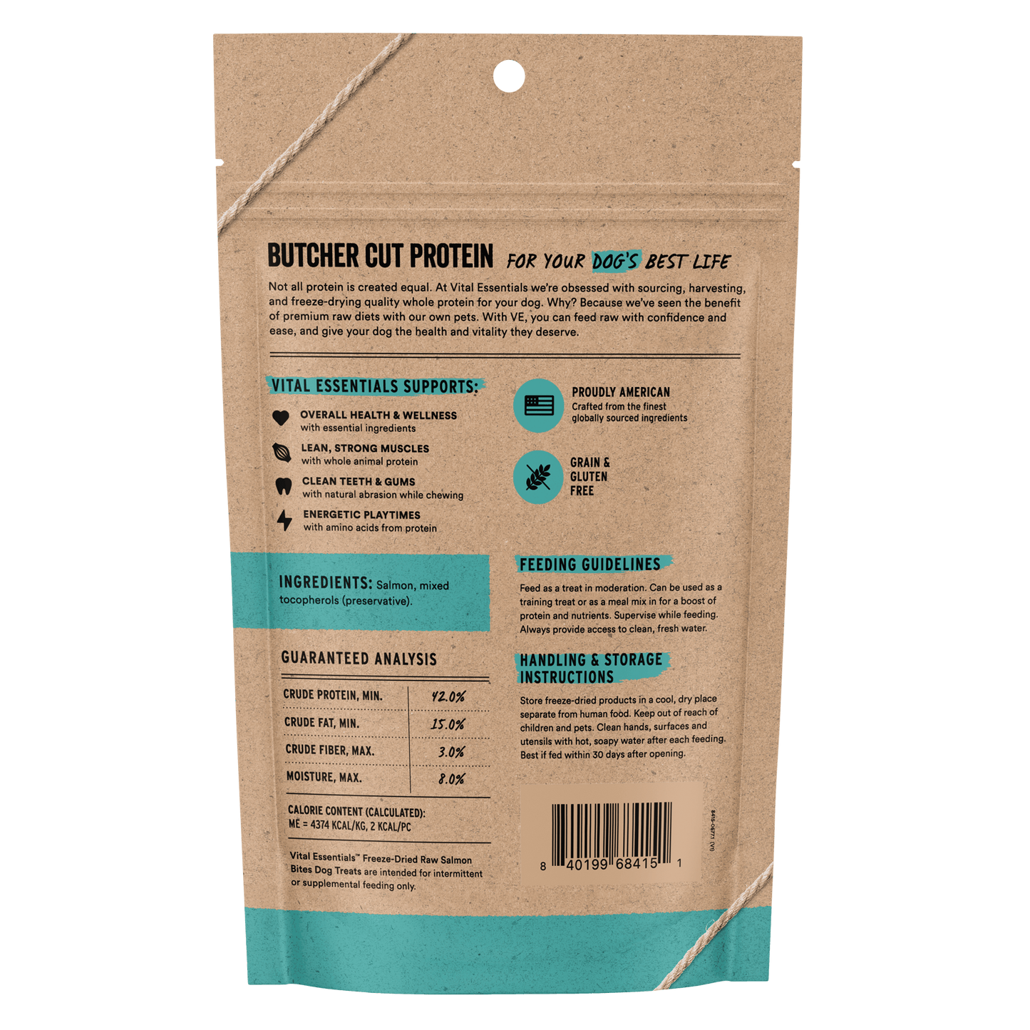 Back of Vital Essentials Salmon Bites bag with ingredients, guaranteed analysis, and feeding guidelines