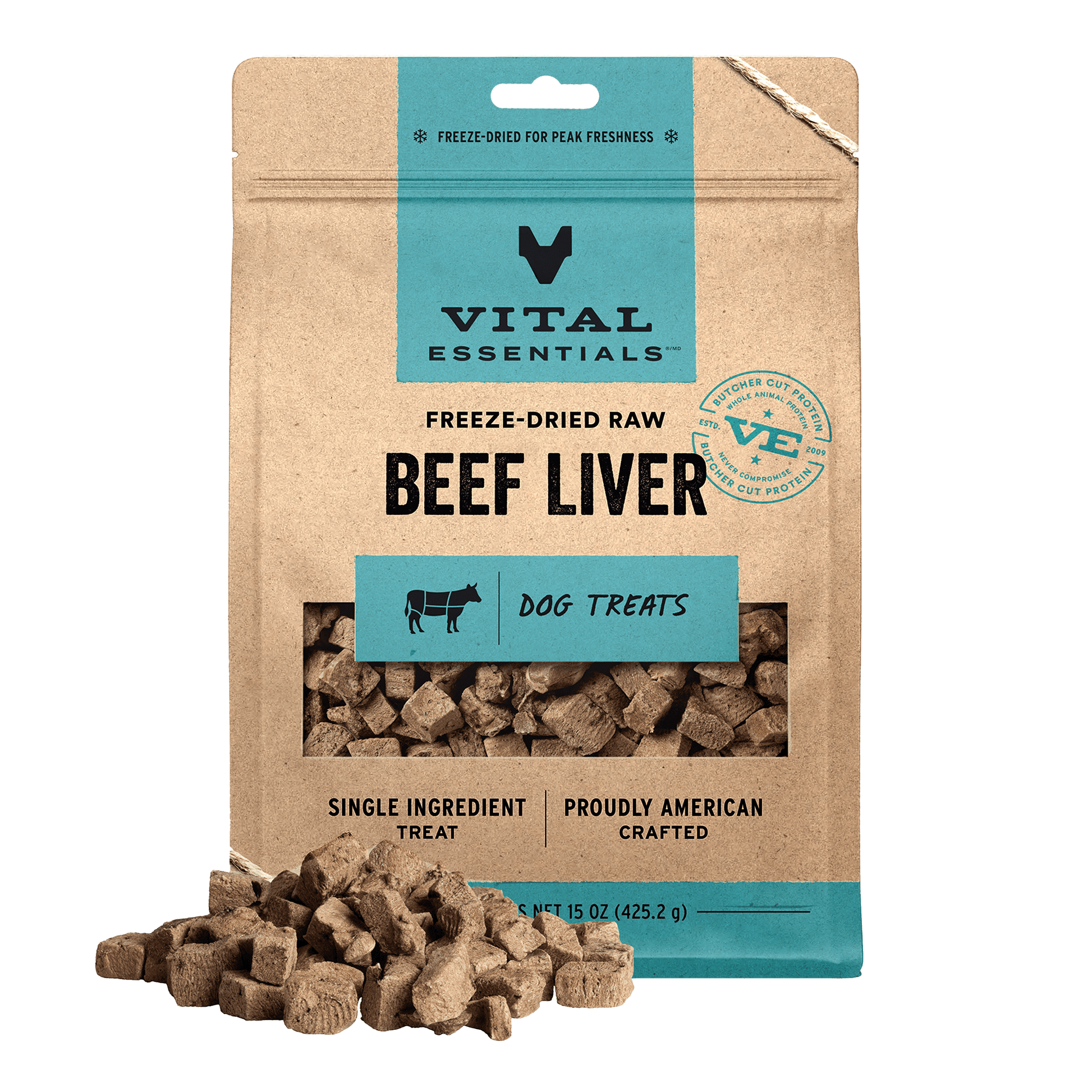 Package of Vital Essentials freeze-dried raw beef liver dog treats on a white background