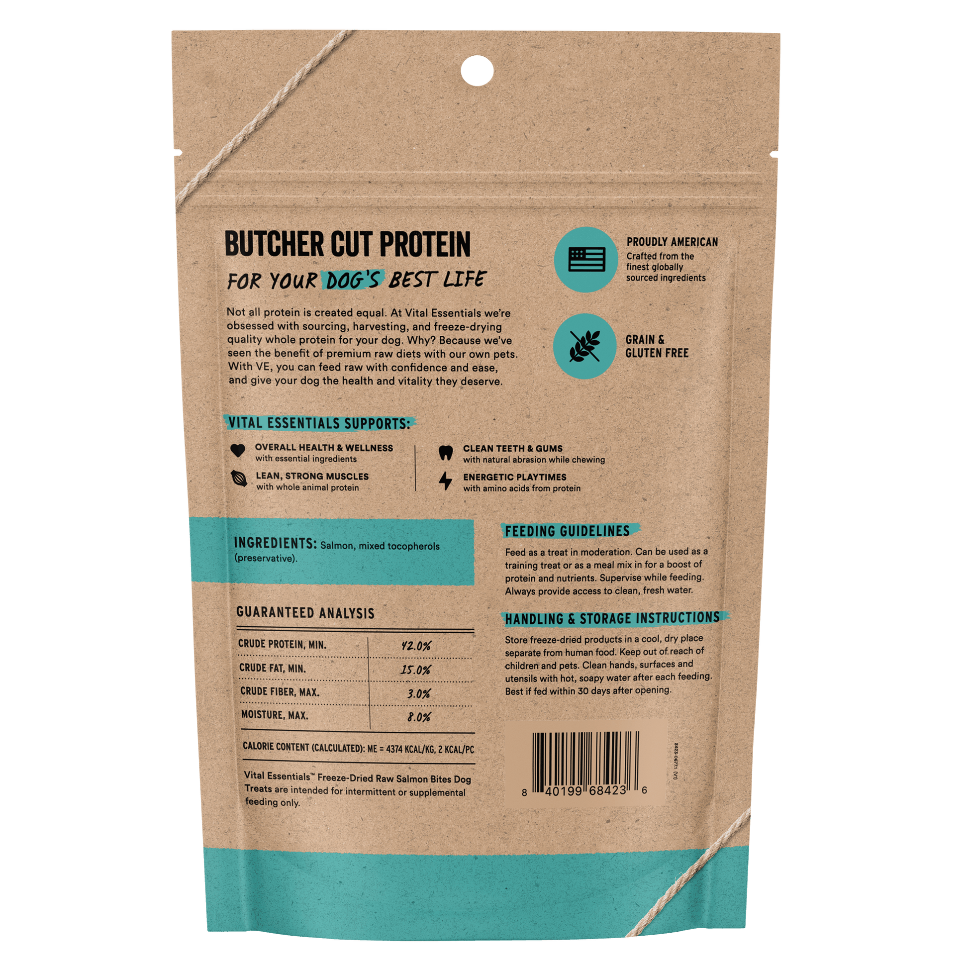 Back of Vital Essentials Salmon Bites bag with ingredients, guaranteed analysis, and feeding guidelines