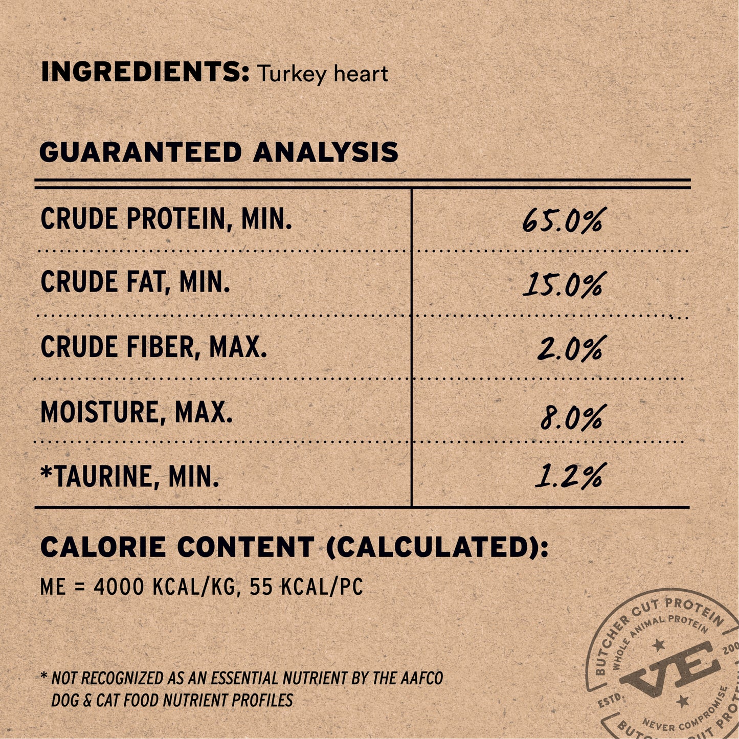 Turkey heart treat single ingredient with guaranteed analysis showing 65% protein, 15% fat, 1.2% taurine