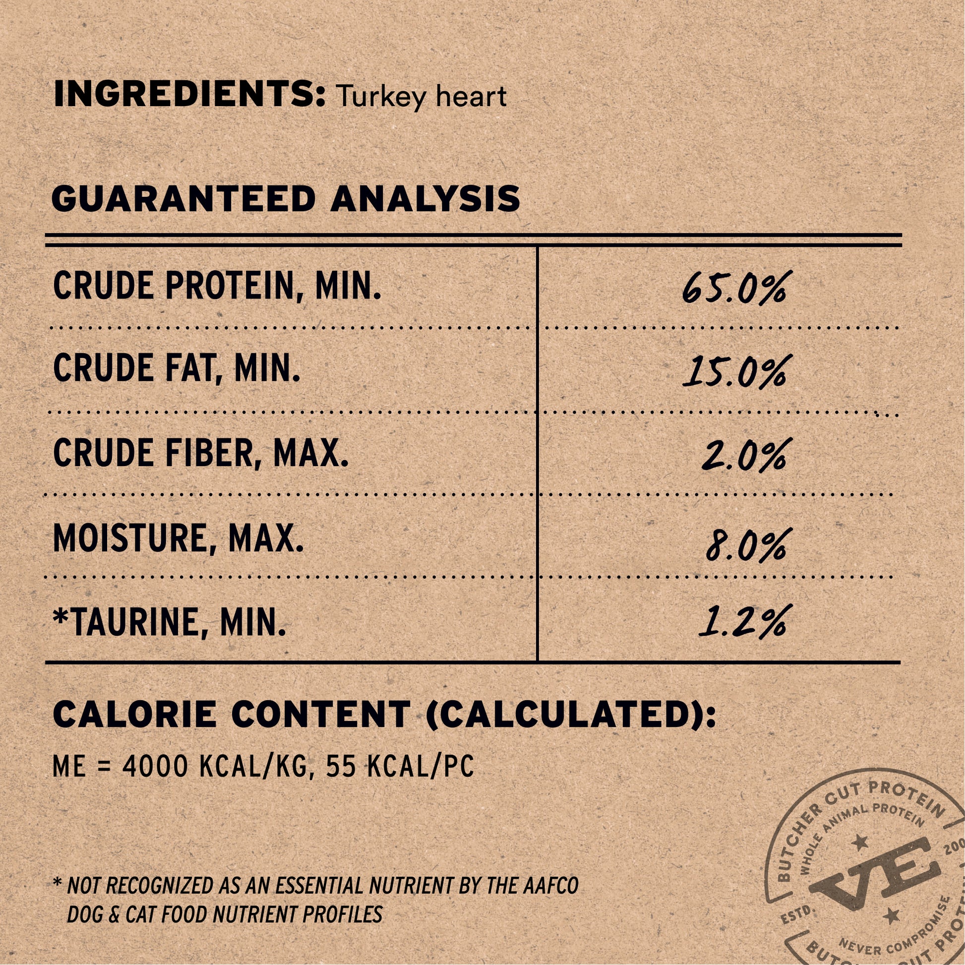Turkey heart treat single ingredient with guaranteed analysis showing 65% protein, 15% fat, 1.2% taurine