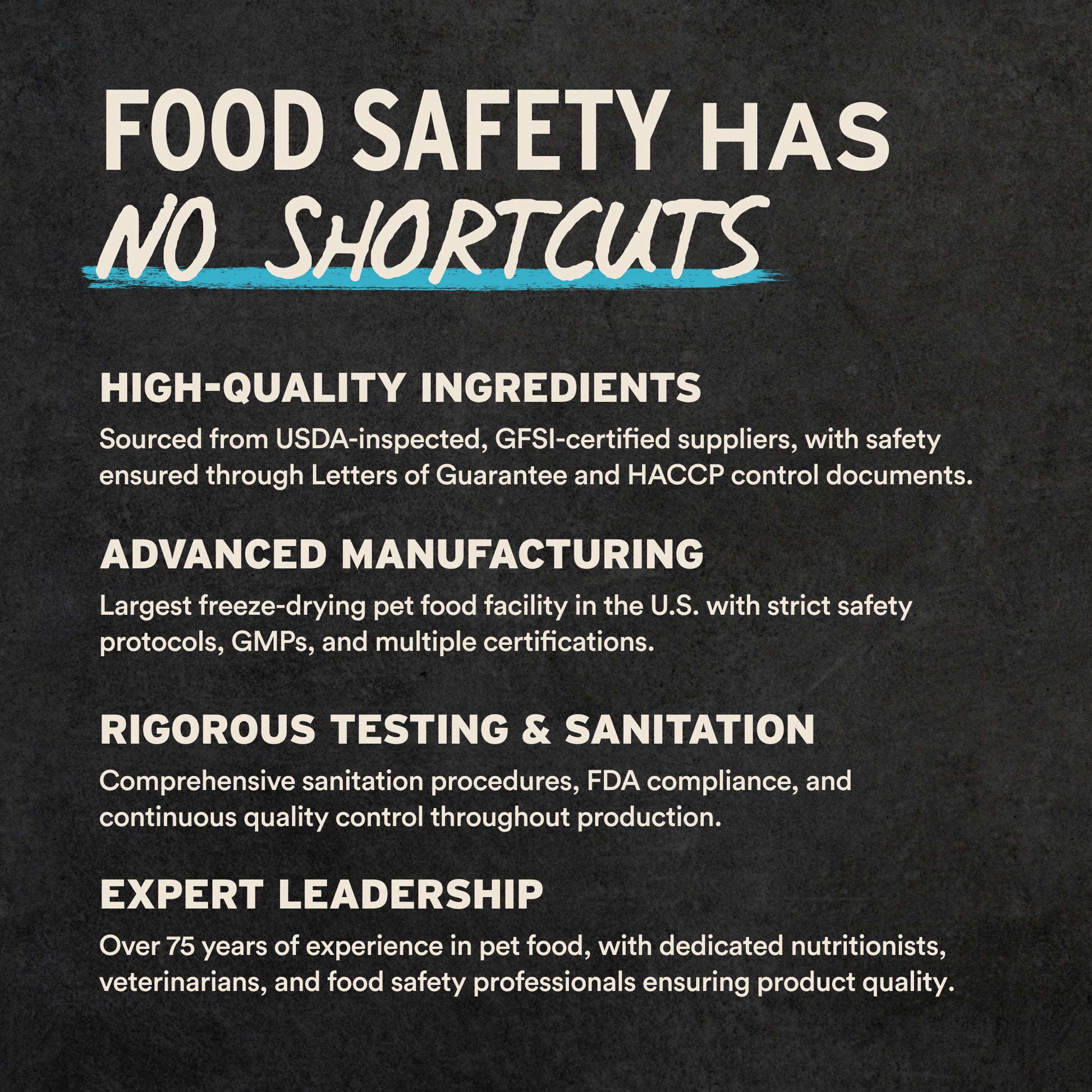 Food safety standards: USDA-inspected ingredients, advanced manufacturing, rigorous testing, and expert leadership