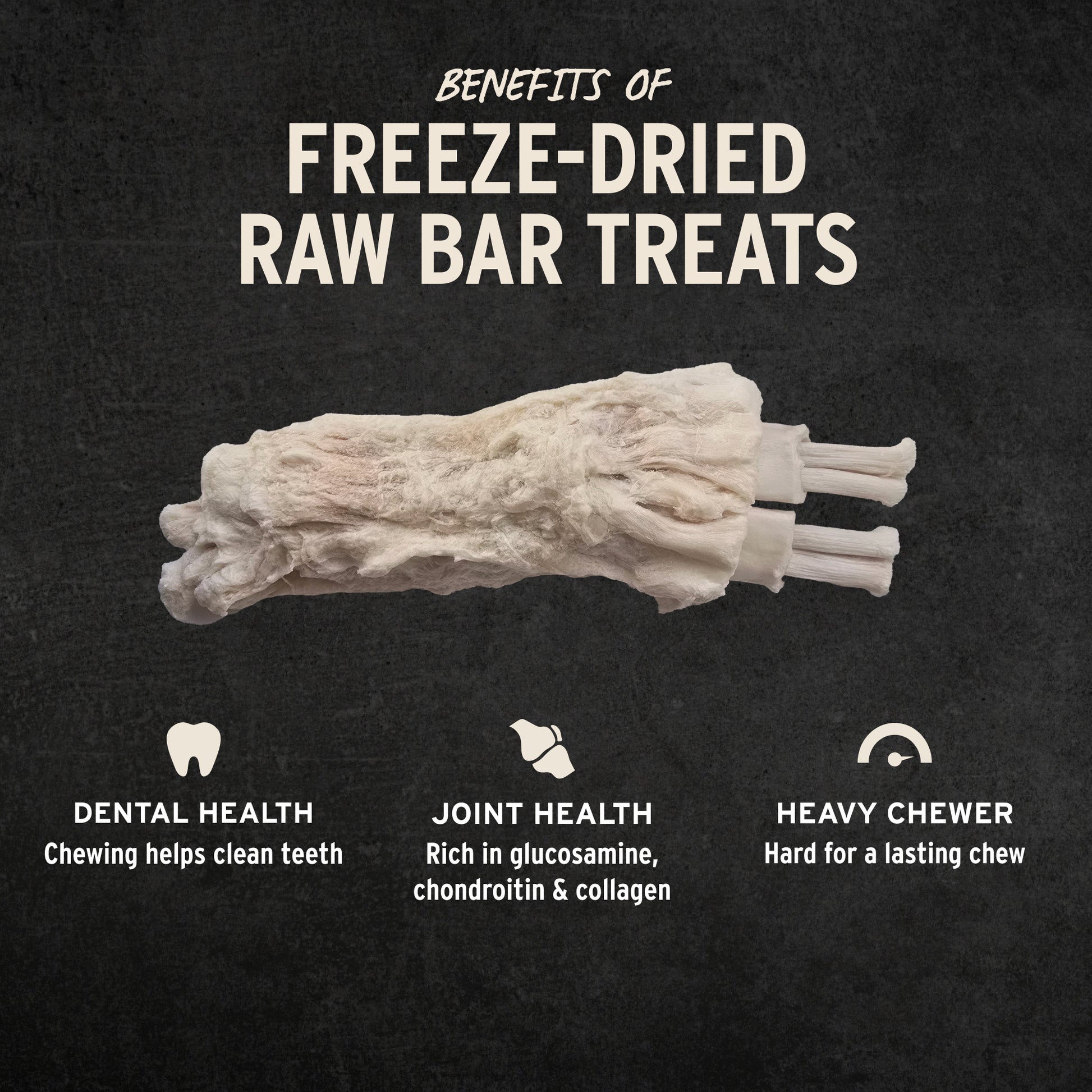 Benefits of Raw Bar beef tendon treats: dental health, joint health from glucosamine and collagen, hard for heavy chewers