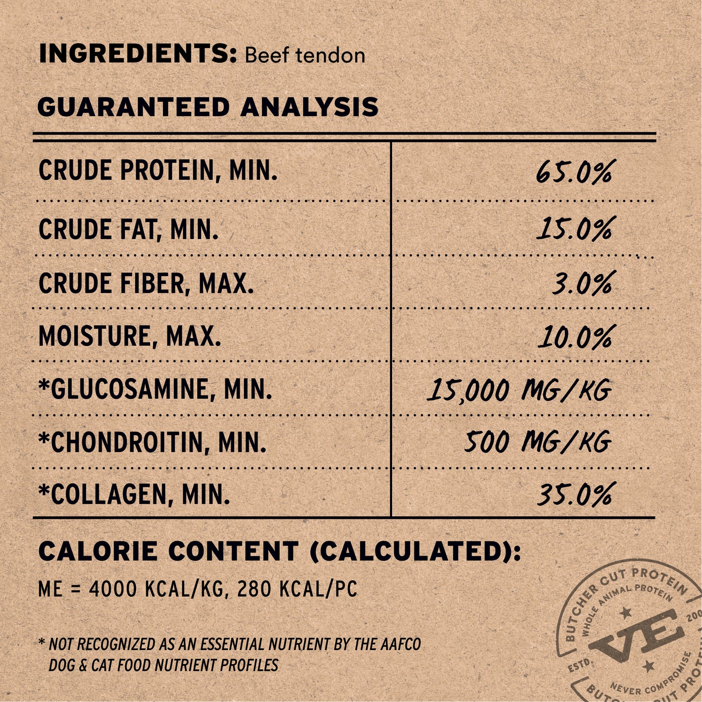 Beef tendon treat single ingredient with guaranteed analysis showing 65% protein, 15% fat, glucosamine, and collagen