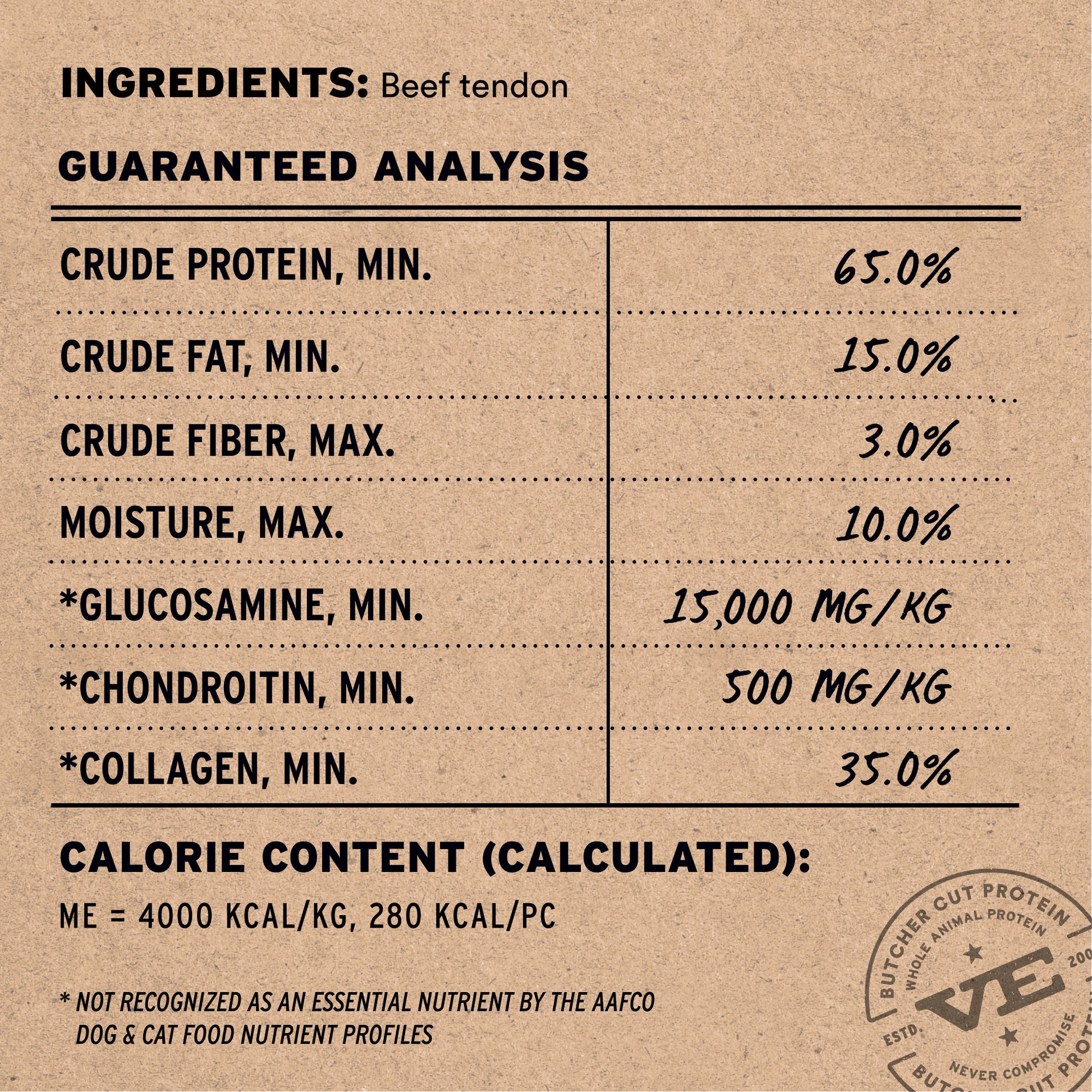 Beef tendon treat single ingredient with guaranteed analysis showing 65% protein, 15% fat, glucosamine, and collagen