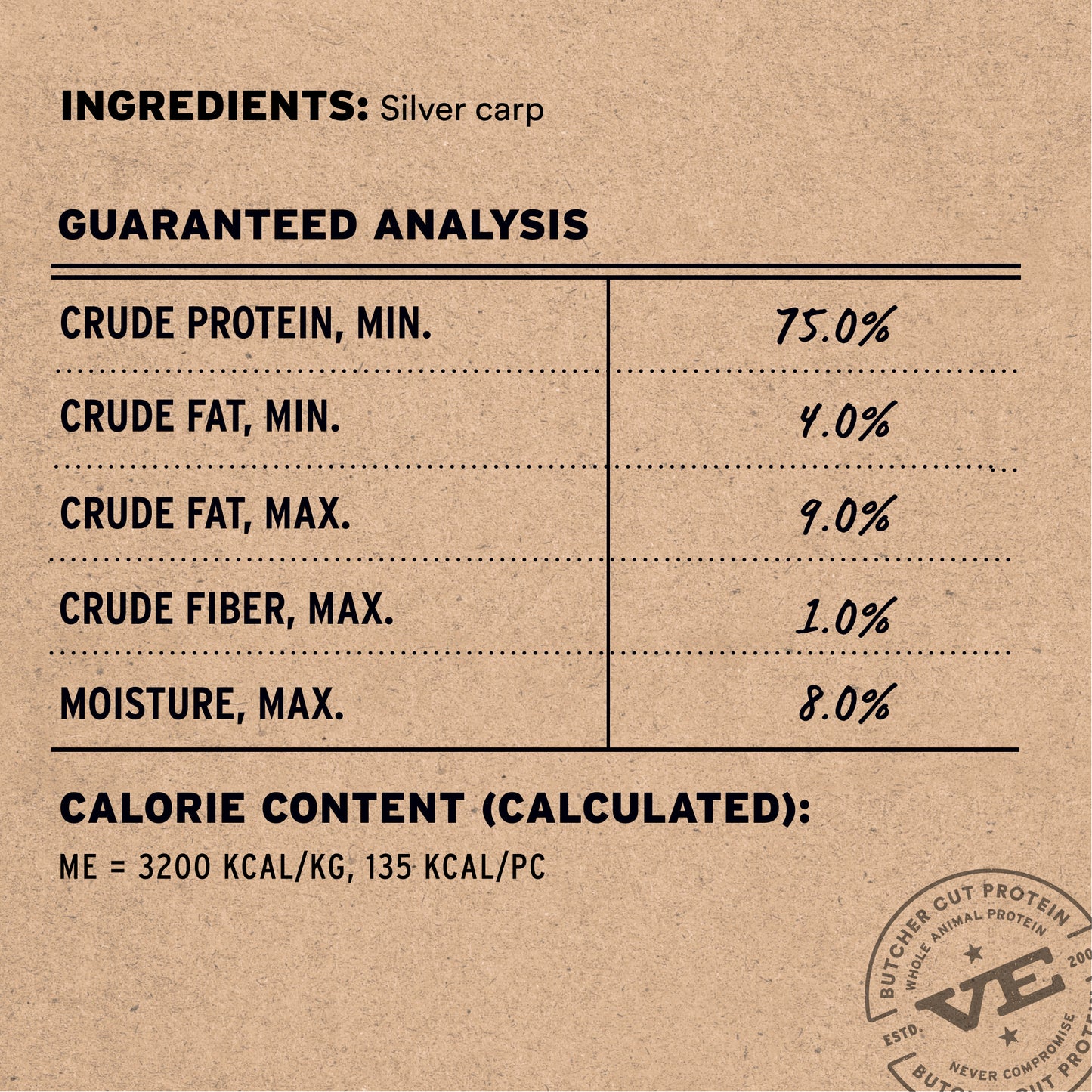 Silver carp treat single ingredient with guaranteed analysis showing 75% protein, 4% fat, 1% fiber