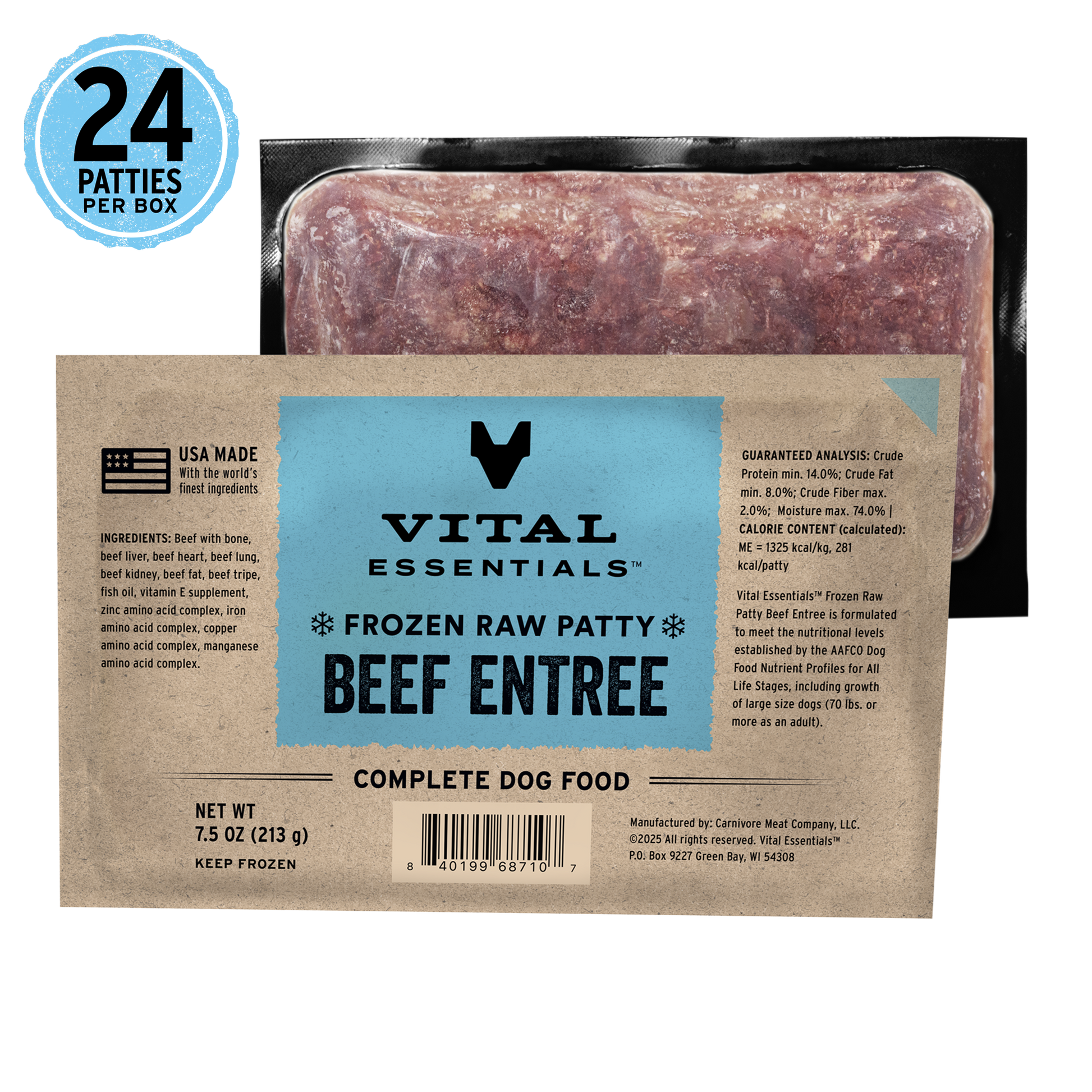 Vital Essentials frozen raw patty beef entree packaging with label and product image.