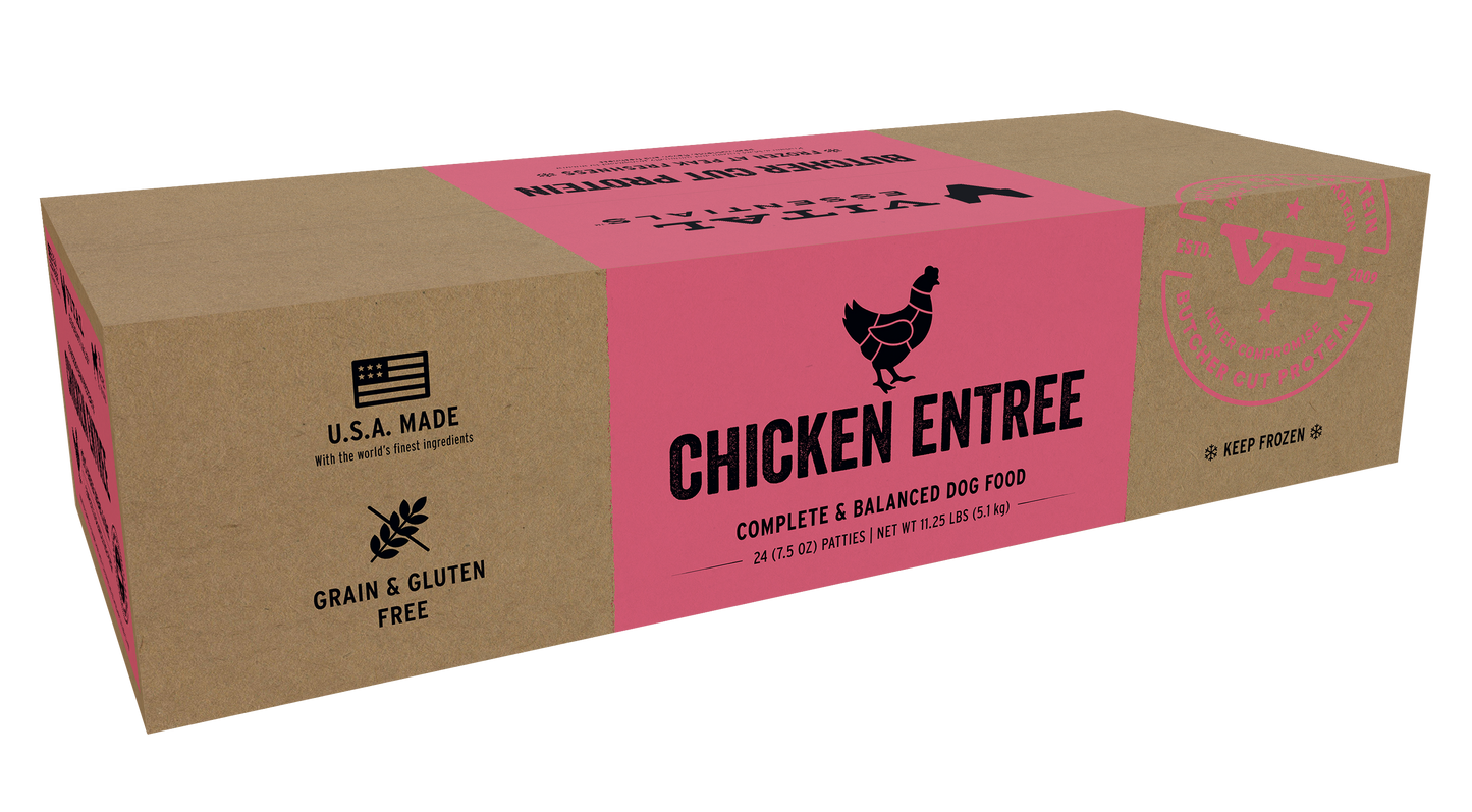 Vital Essentials Frozen Raw Chicken Entree dog food patties bulk box