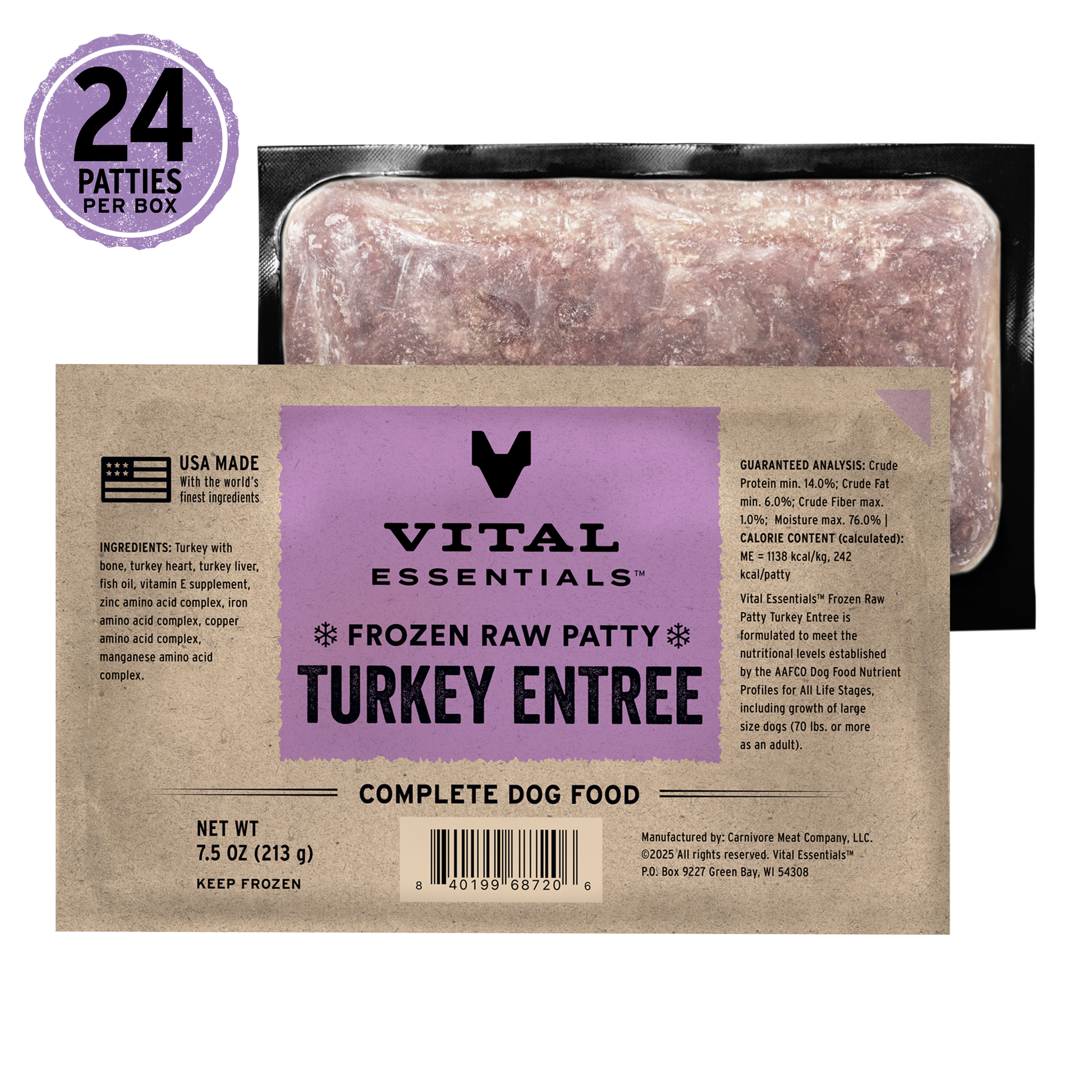 Vital Essentials frozen raw patty turkey entree packaging with purple label