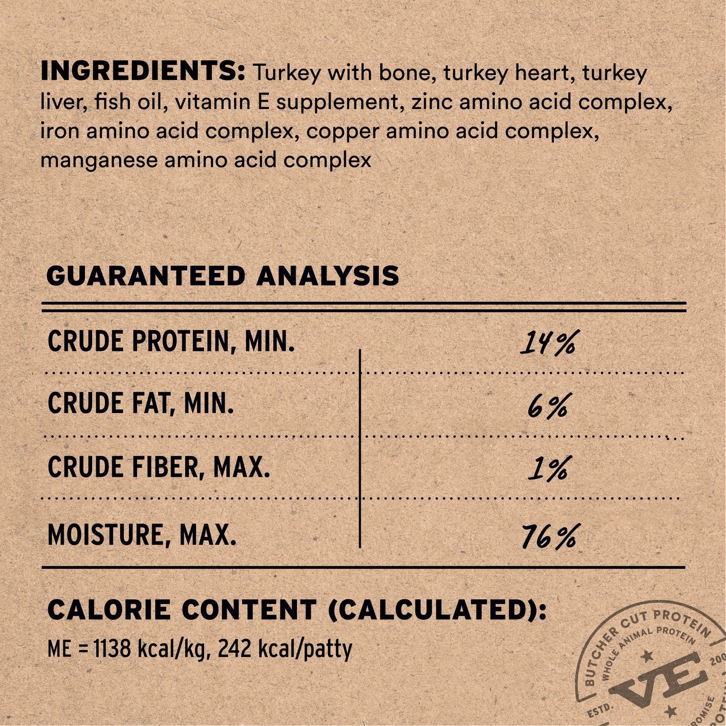 Frozen raw turkey entree ingredients and guaranteed analysis label