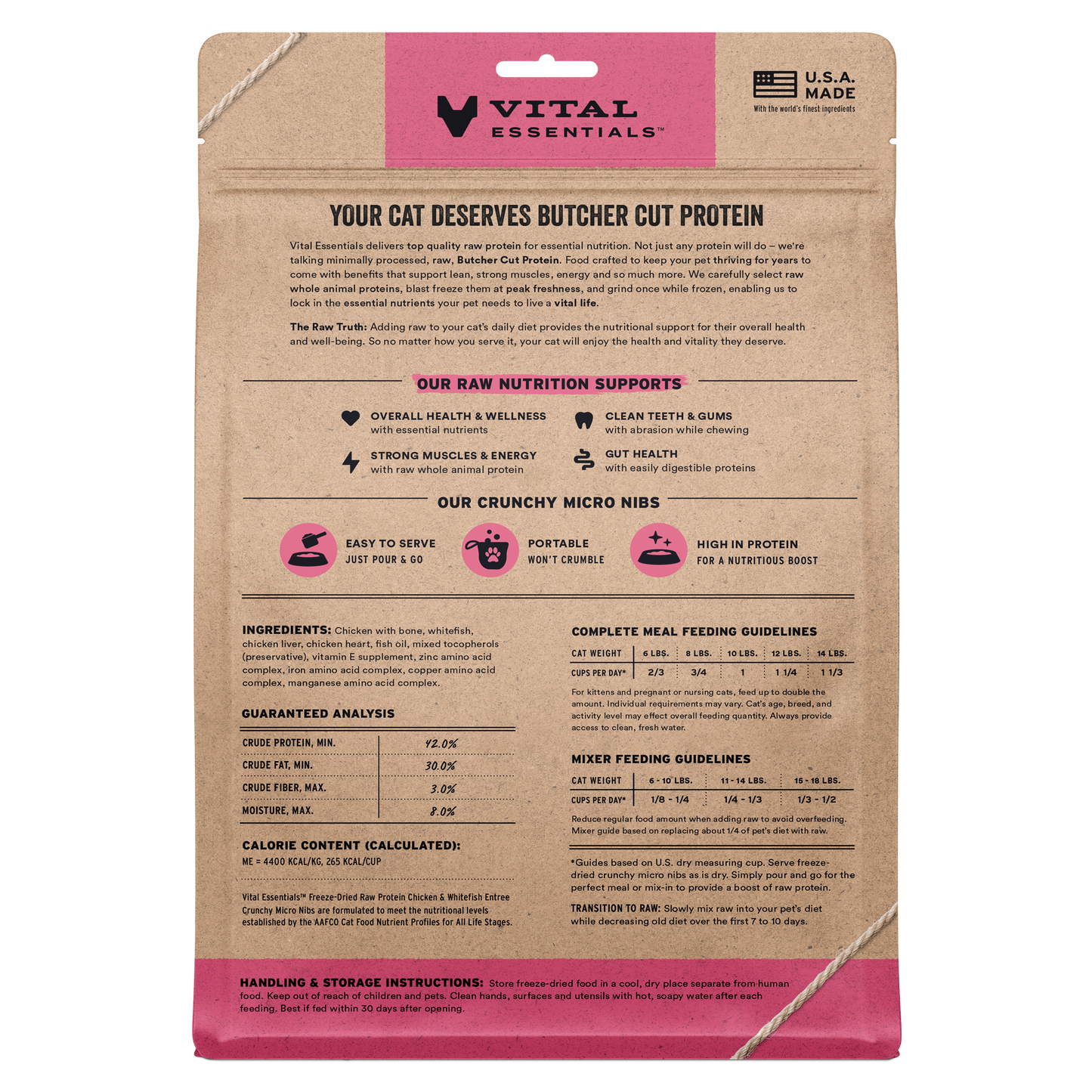 Back of Vital Essentials Chicken and Whitefish cat food bag with nutrition info, ingredients, and feeding guidelines