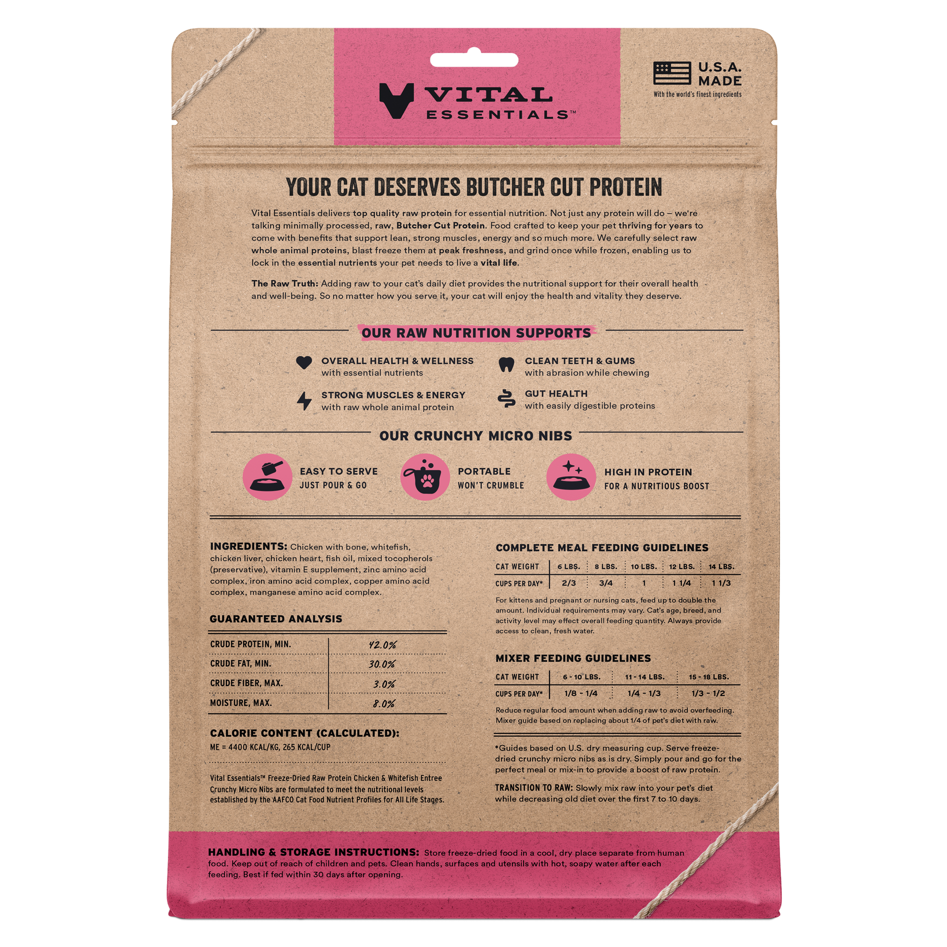 Back of Vital Essentials Chicken and Whitefish cat food bag with nutrition info, ingredients, and feeding guidelines