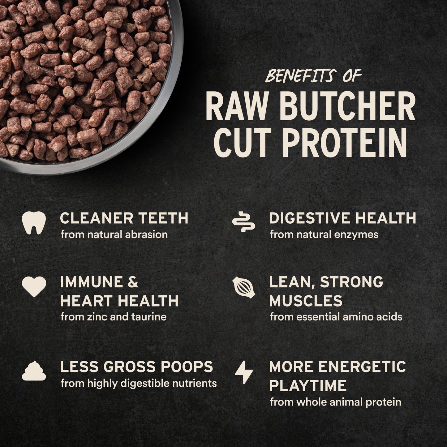 Benefits of raw butcher cut protein for cats: cleaner teeth, digestive health, immune support, lean muscles, and more energy