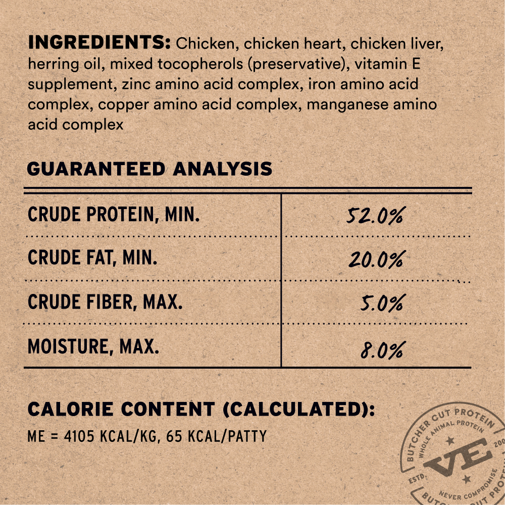 Chicken entree mini patties ingredients and guaranteed analysis
