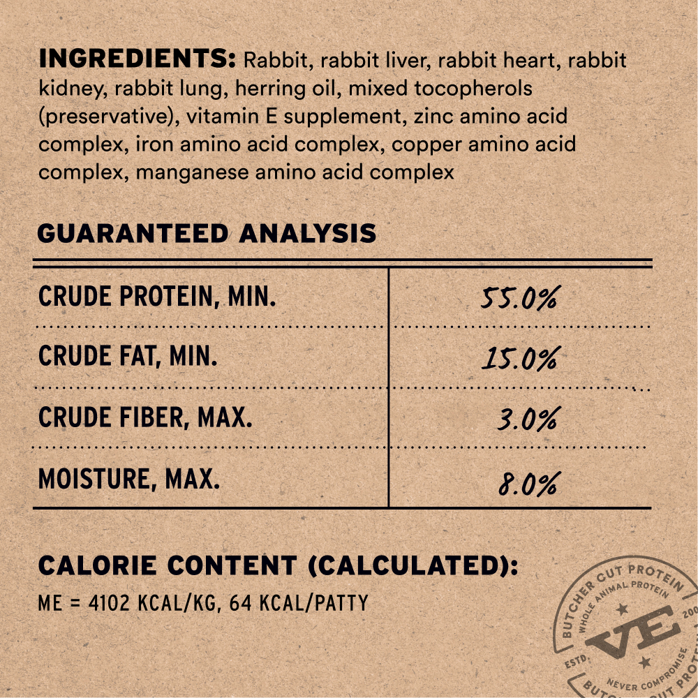 Rabbit entree cat food ingredients and guaranteed analysis label