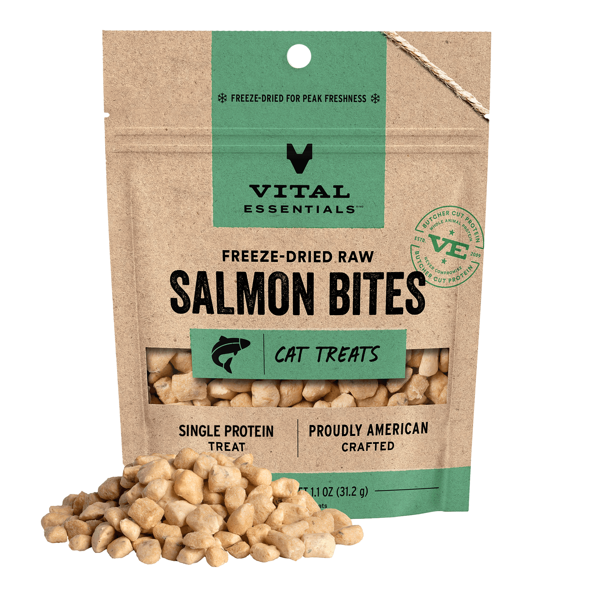 Vital Essentials Freeze-Dried Raw Salmon Bites cat treats 1.1 oz bag with treats displayed in front