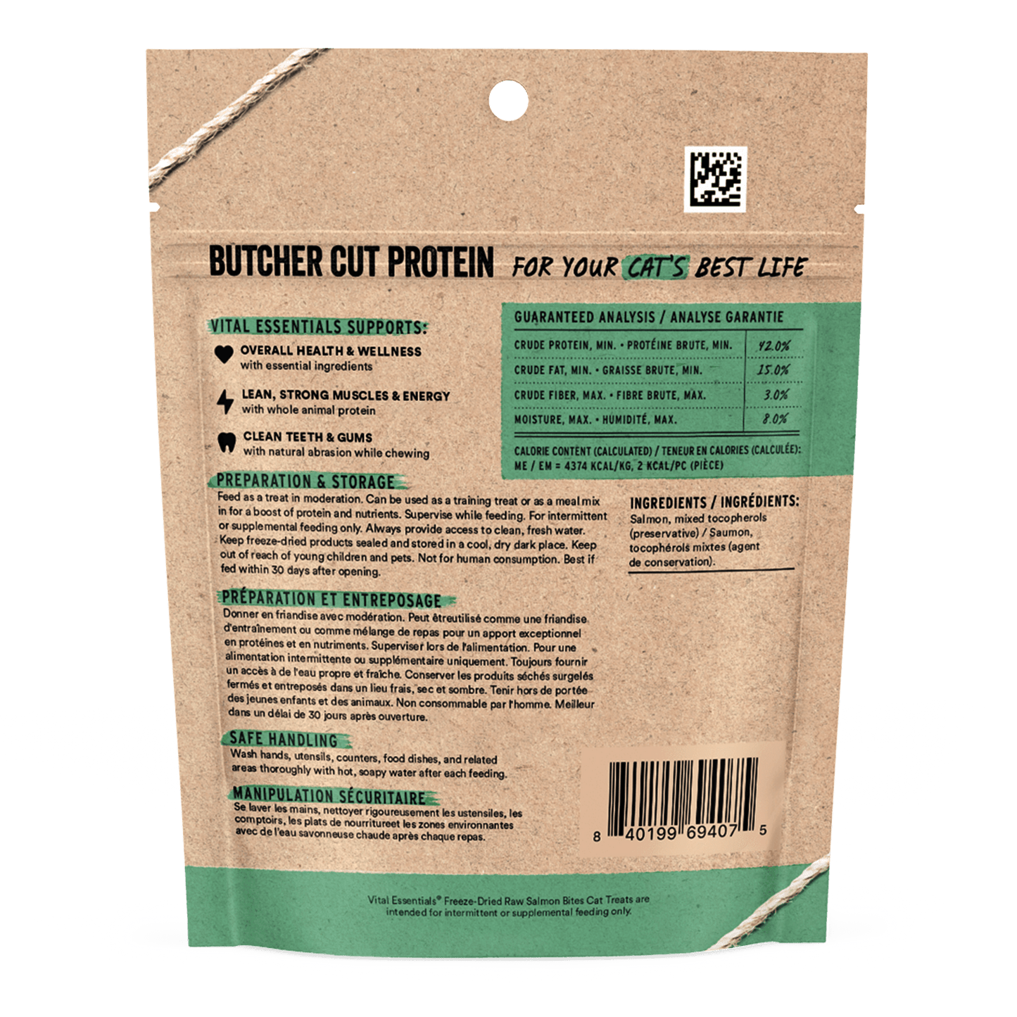 Vital Essentials Freeze-Dried Raw Salmon Bites cat treats back of package with nutrition info and feeding guidelines