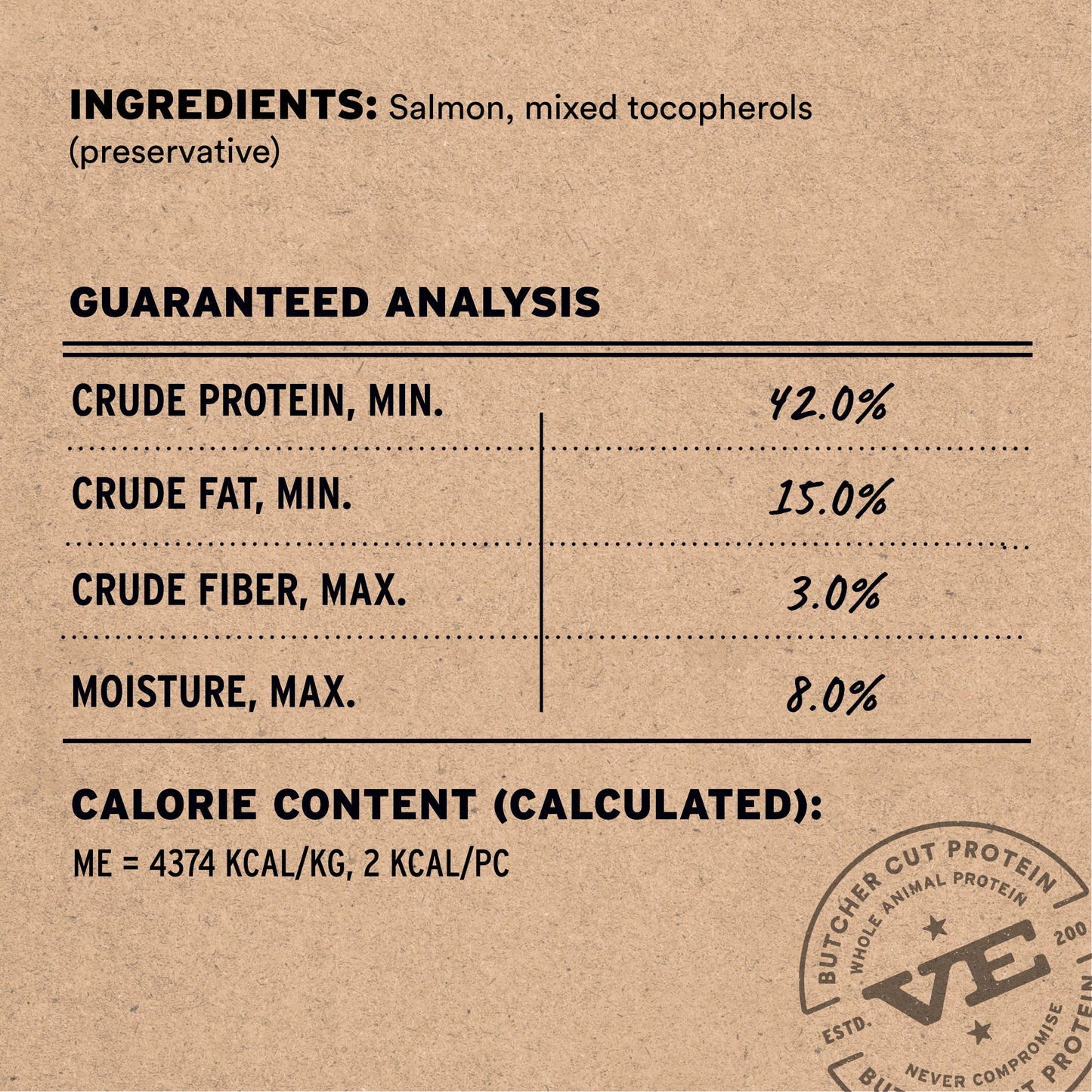 Salmon bites cat treat ingredients and guaranteed analysis: 42% protein, 15% fat