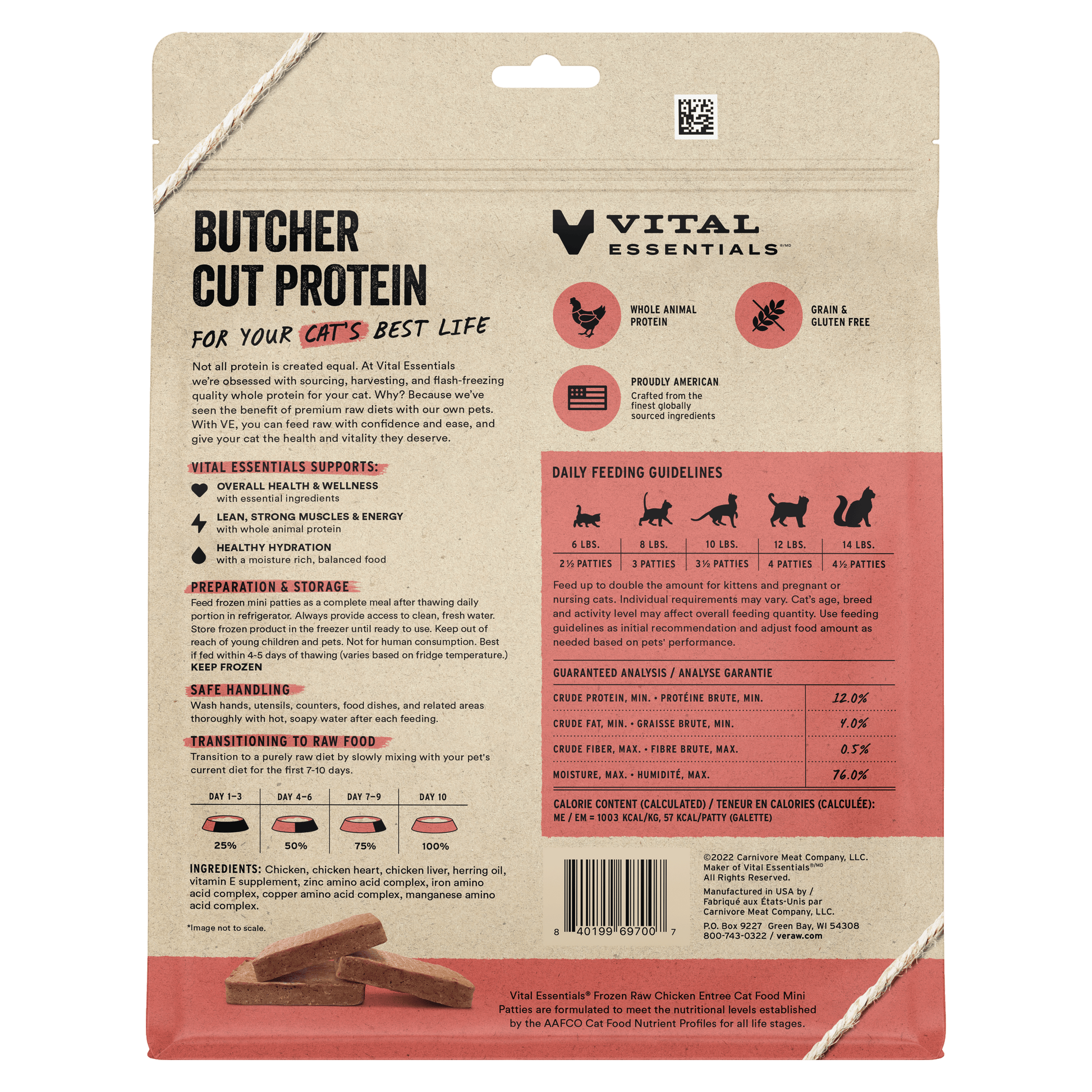 Vital Essentials Frozen Raw Chicken Entree cat food mini patties back of package with feeding guidelines