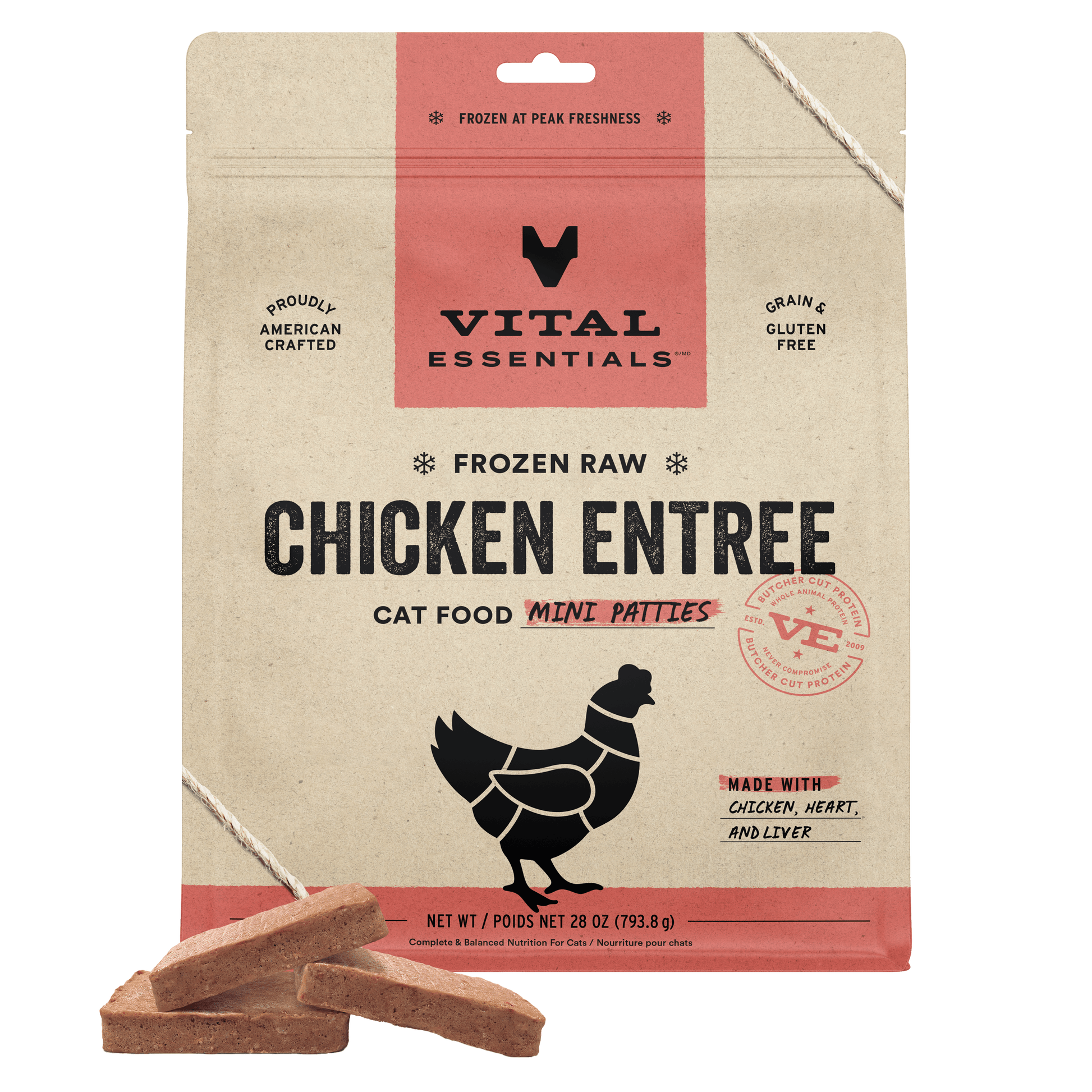 Vital Essentials Frozen Raw Chicken Entree cat food mini patties 28 oz bag front