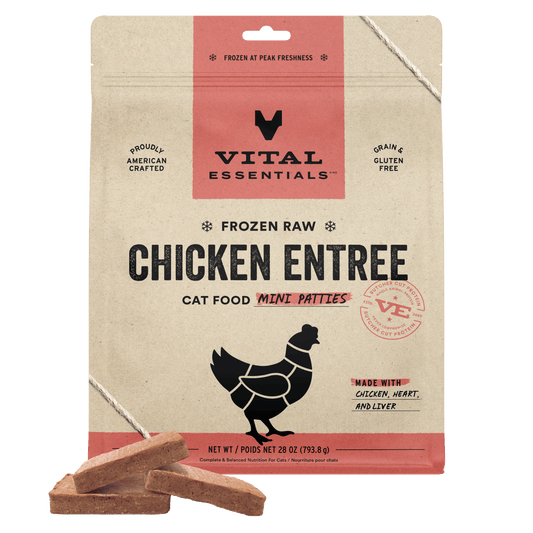 Vital Essentials Frozen Raw Chicken Entree cat food mini patties 28 oz bag front