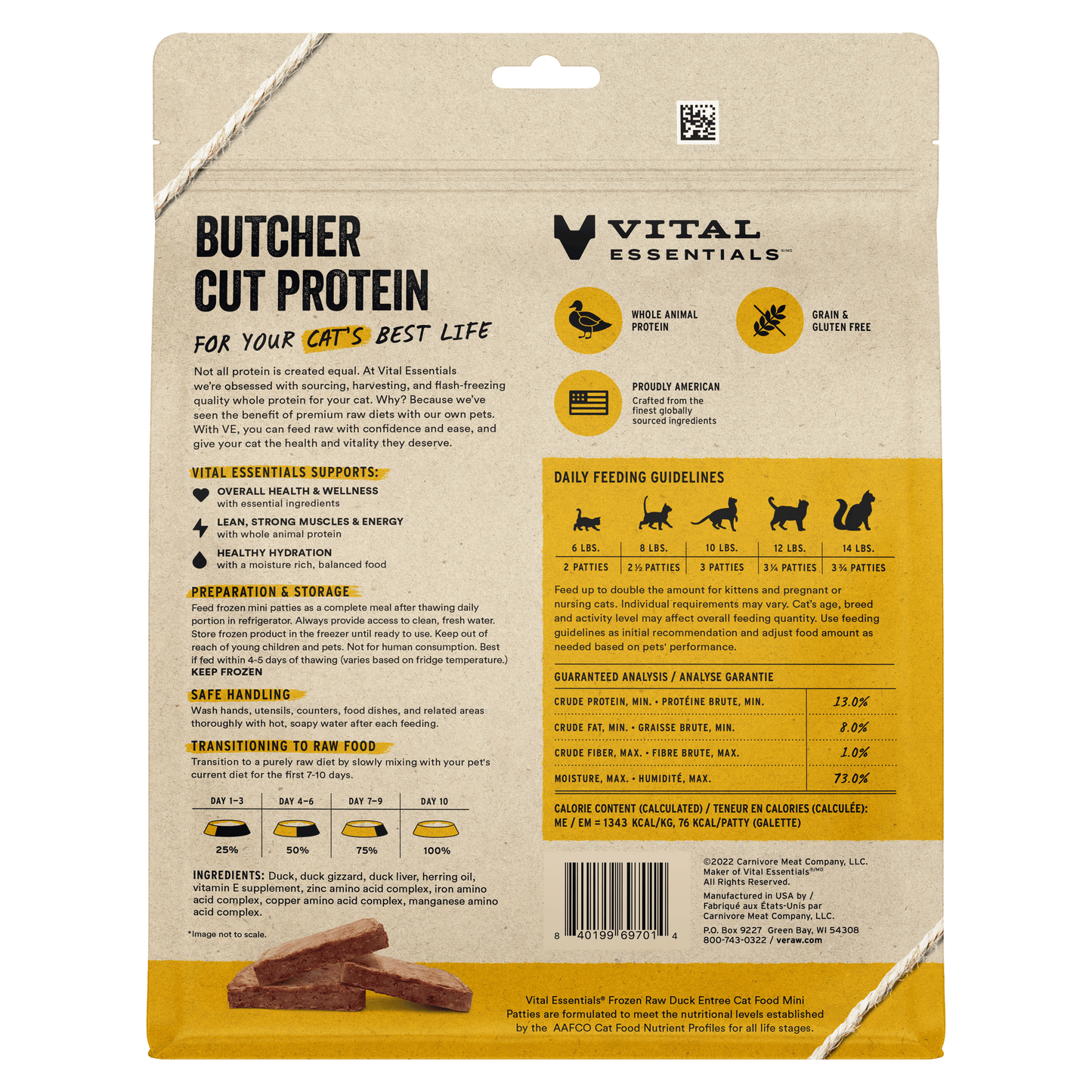 Vital Essentials Frozen Raw Duck Entree cat food mini patties back of package with feeding guidelines