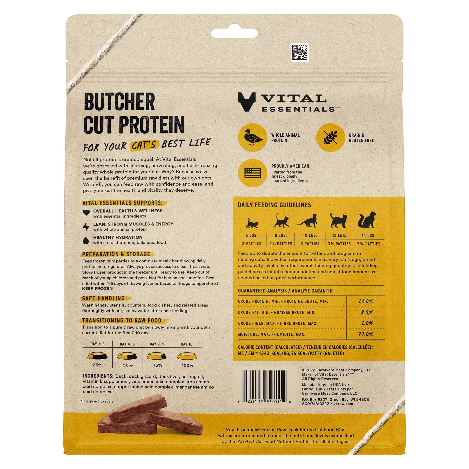 Vital Essentials Frozen Raw Duck Entree cat food mini patties back of package with feeding guidelines