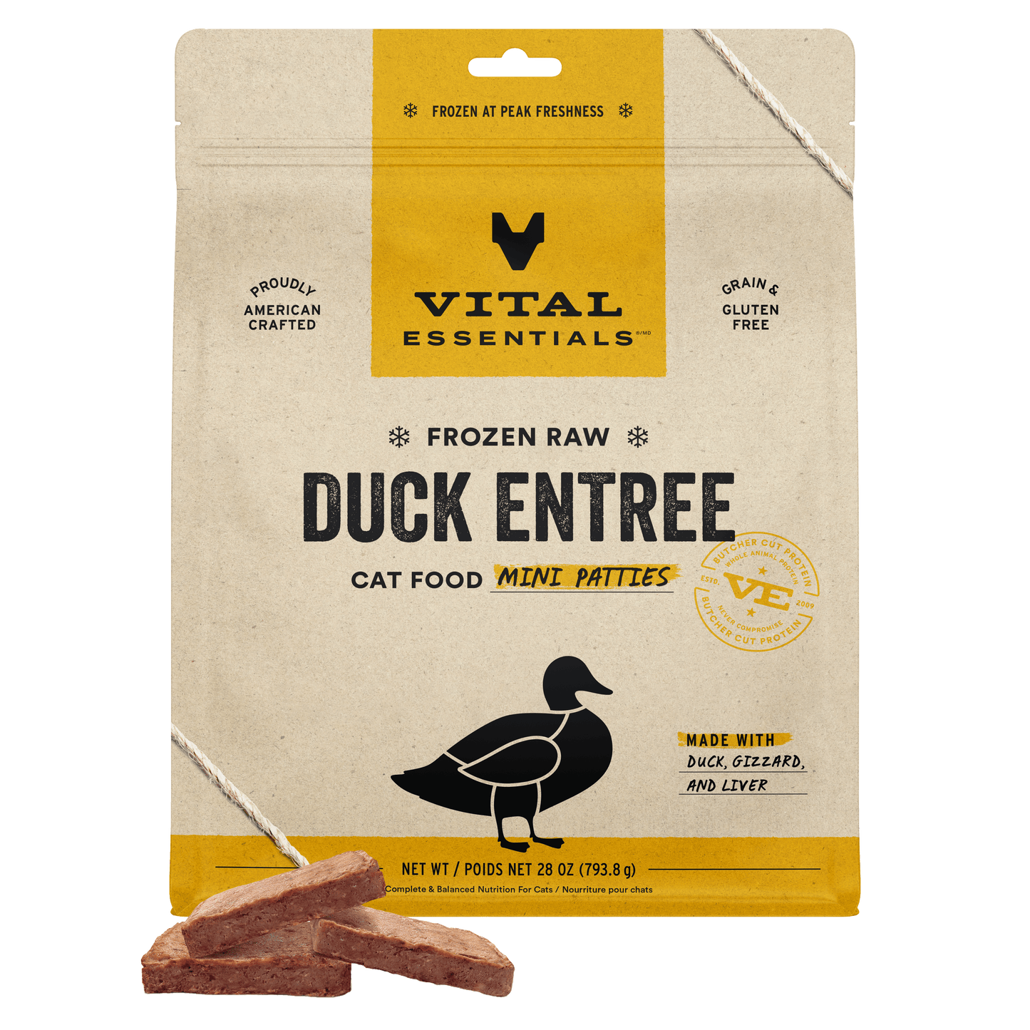 Vital Essentials Frozen Raw Duck Entree cat food mini patties 28 oz bag front