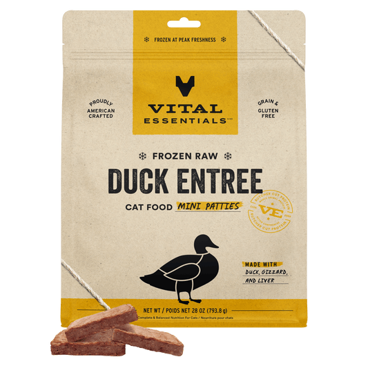 Vital Essentials Frozen Raw Duck Entree cat food mini patties 28 oz bag front
