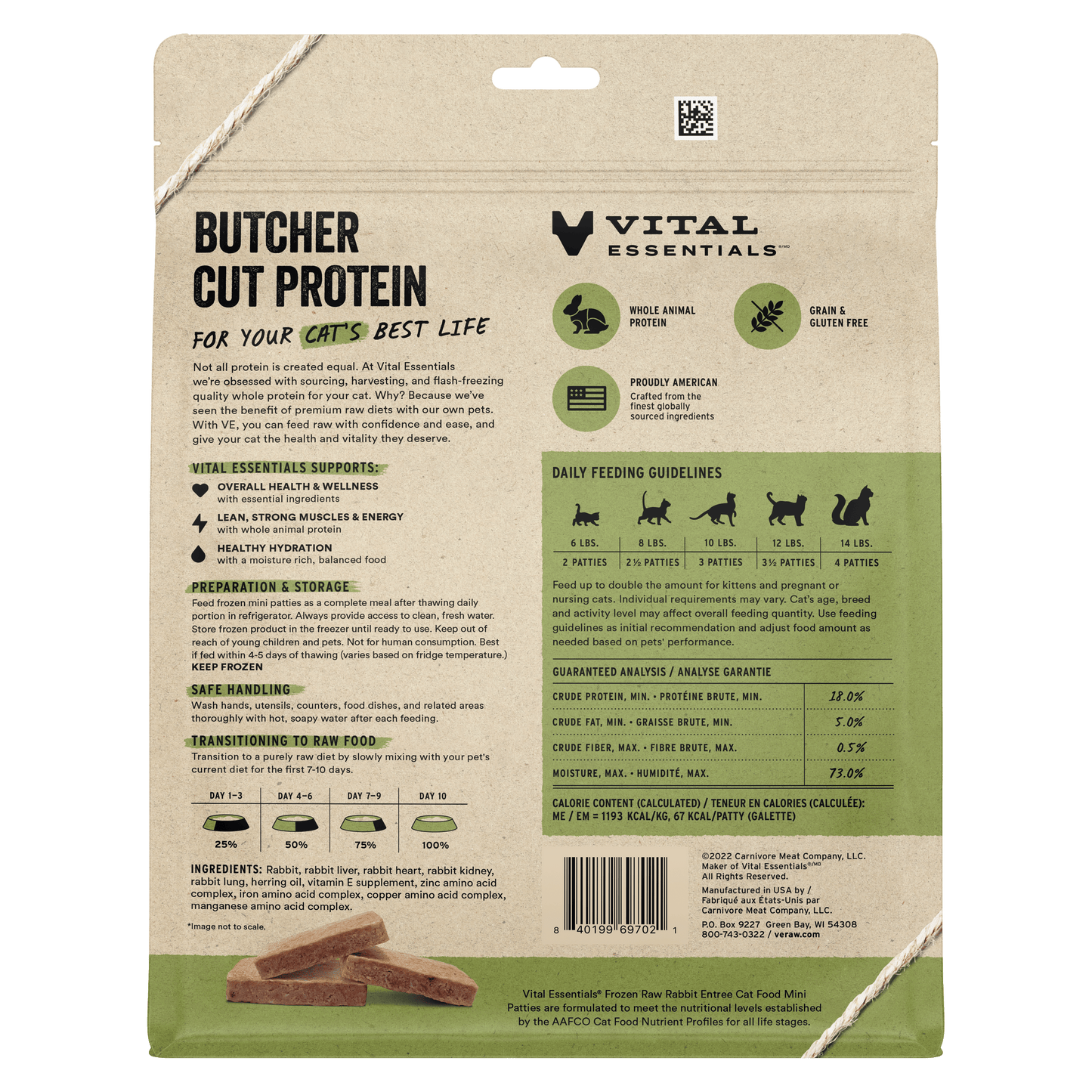 Vital Essentials Frozen Raw Rabbit Entree cat food mini patties back of package with feeding guidelines